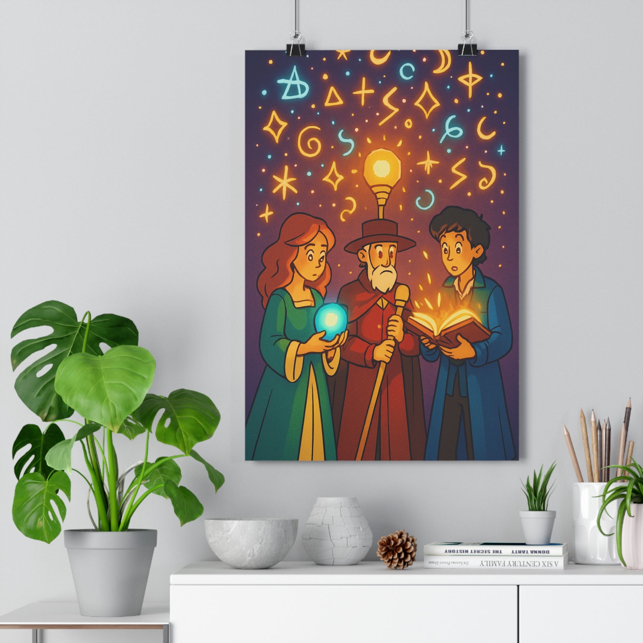 Poster décoratif mystique personnages bleu rouge orange salon chambre ambiance magique épique qualité premium