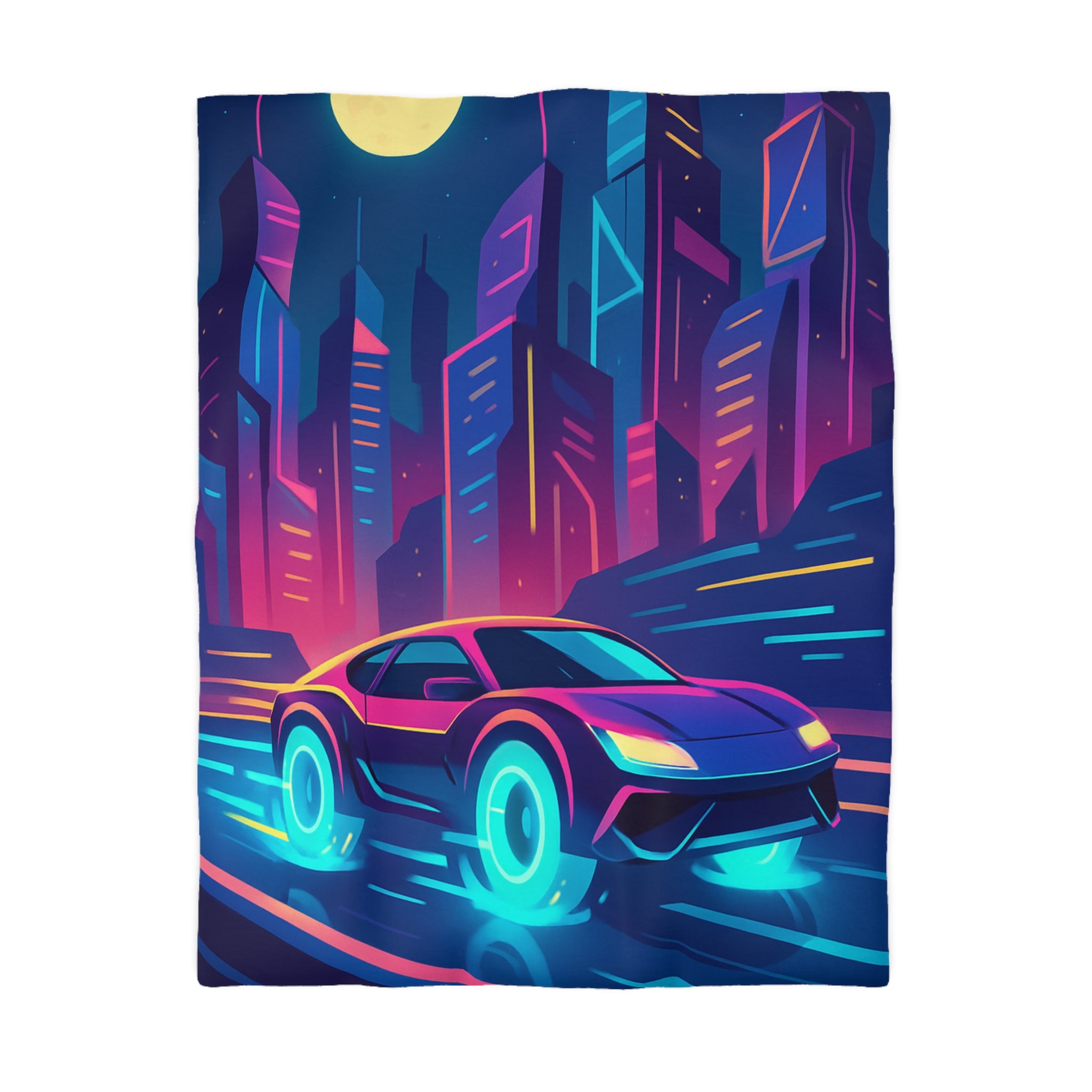 Parure de lit futuriste avec voiture néon sous lune pleine en ville vibrante