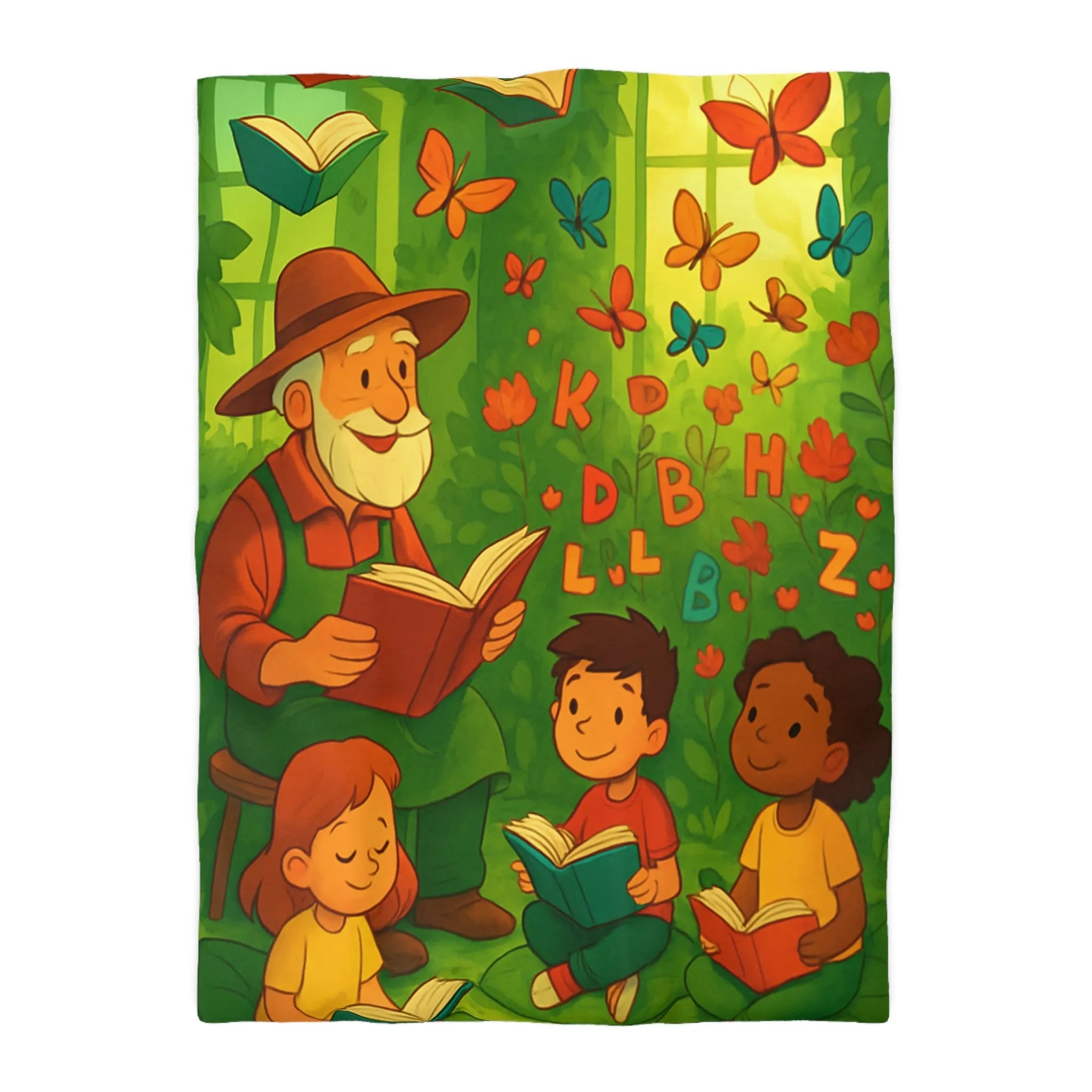 Housse de couette éducative avec scène de lecture, papillons et nature verdoyante