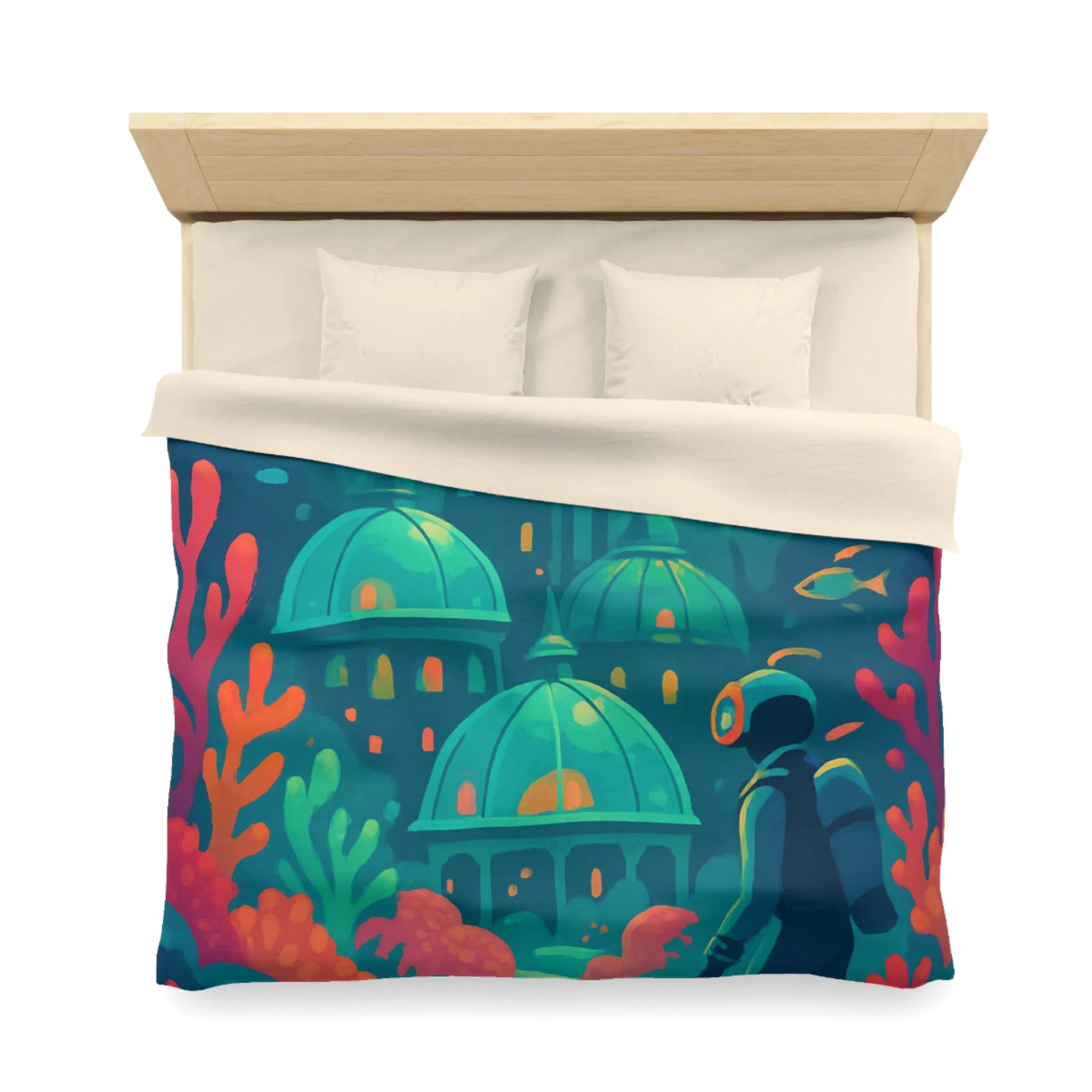 Housse de couette aux couleurs vibrantes inspirée d'une cité sous-marine avec poissons exotiques