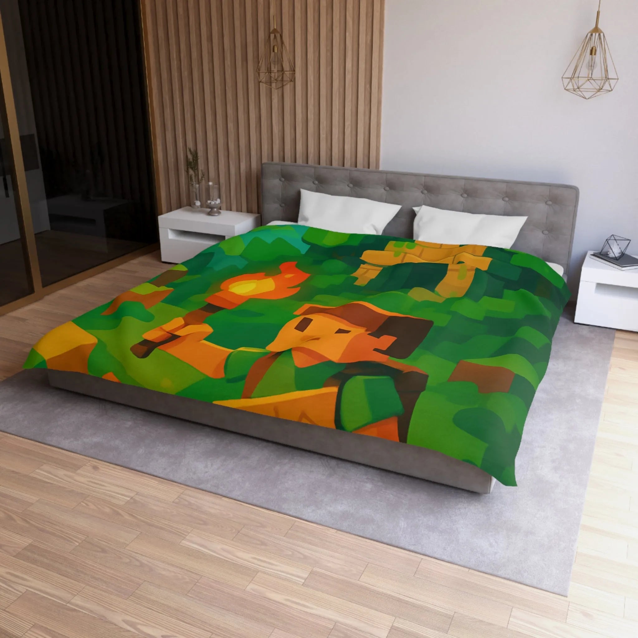 Explorez un monde aventureux et mystique avec cette housse de couette pixelisée géométrique