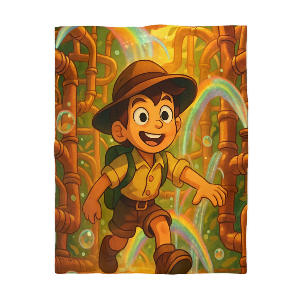 Housse de couette enfantine : garçon explorateur, tuyaux dorés, arcs-en-ciel et bulles joyeuses