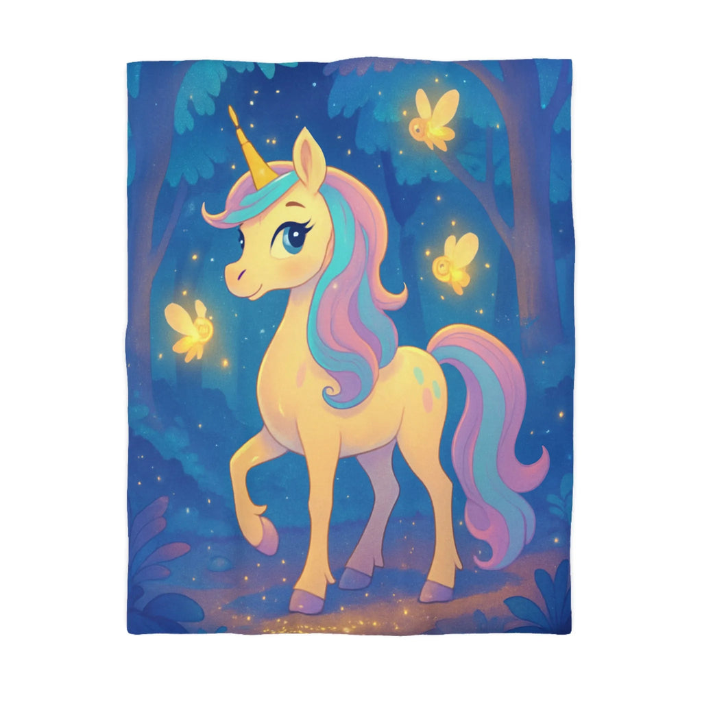 Housse de couette avec licorne féerique et lucioles dans une forêt enchantée