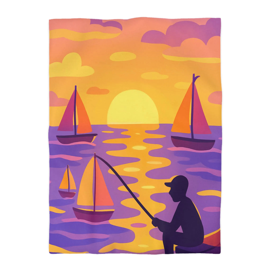 Housse de couette colorée avec voiliers et coucher de soleil magnifique au bord de l'eau