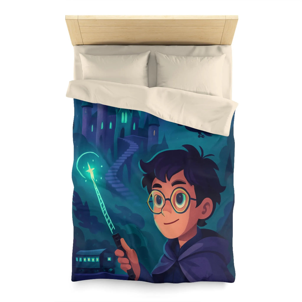 Housse de Couette Magique avec Enfant, Baguette Lumineuse et Chouette en Nuit Mystique