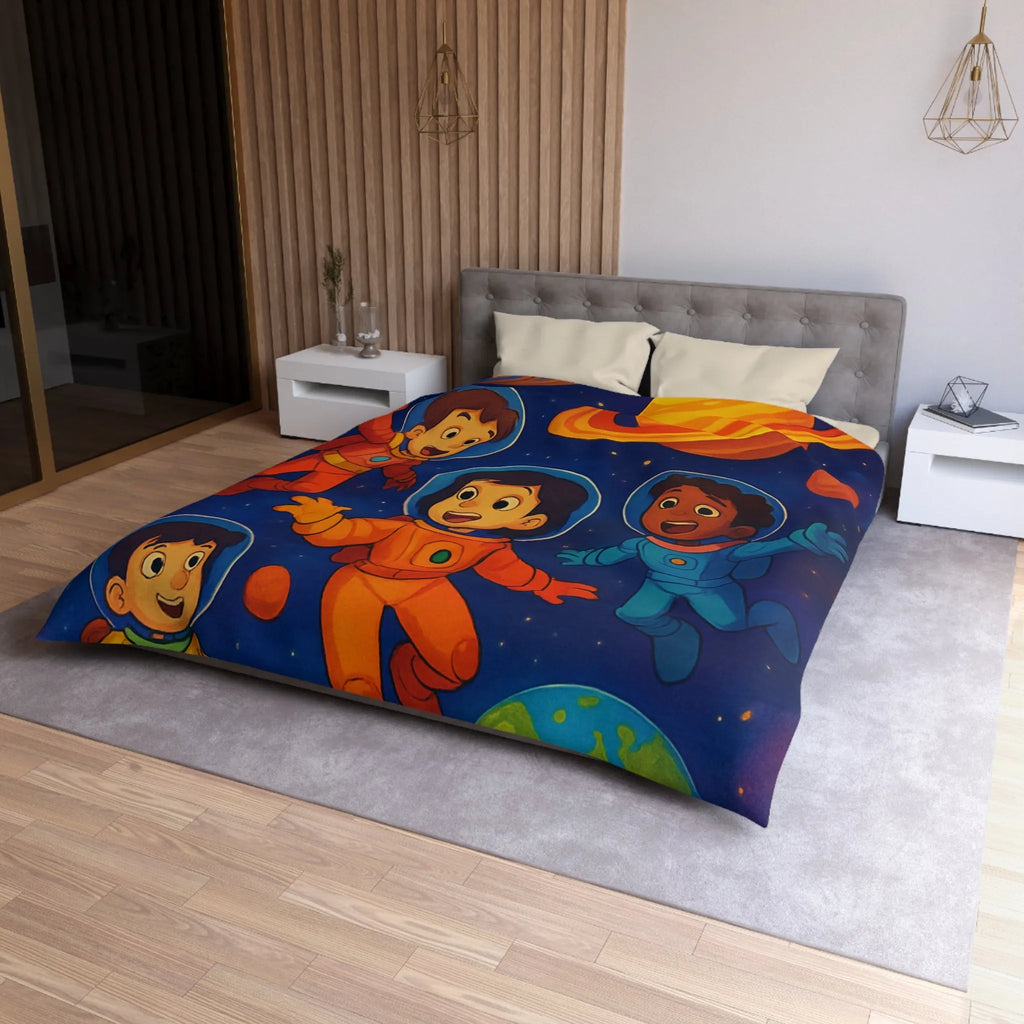 Housse de couette enfants avec astronautes joyeux flottant dans l'espace coloré et planètes