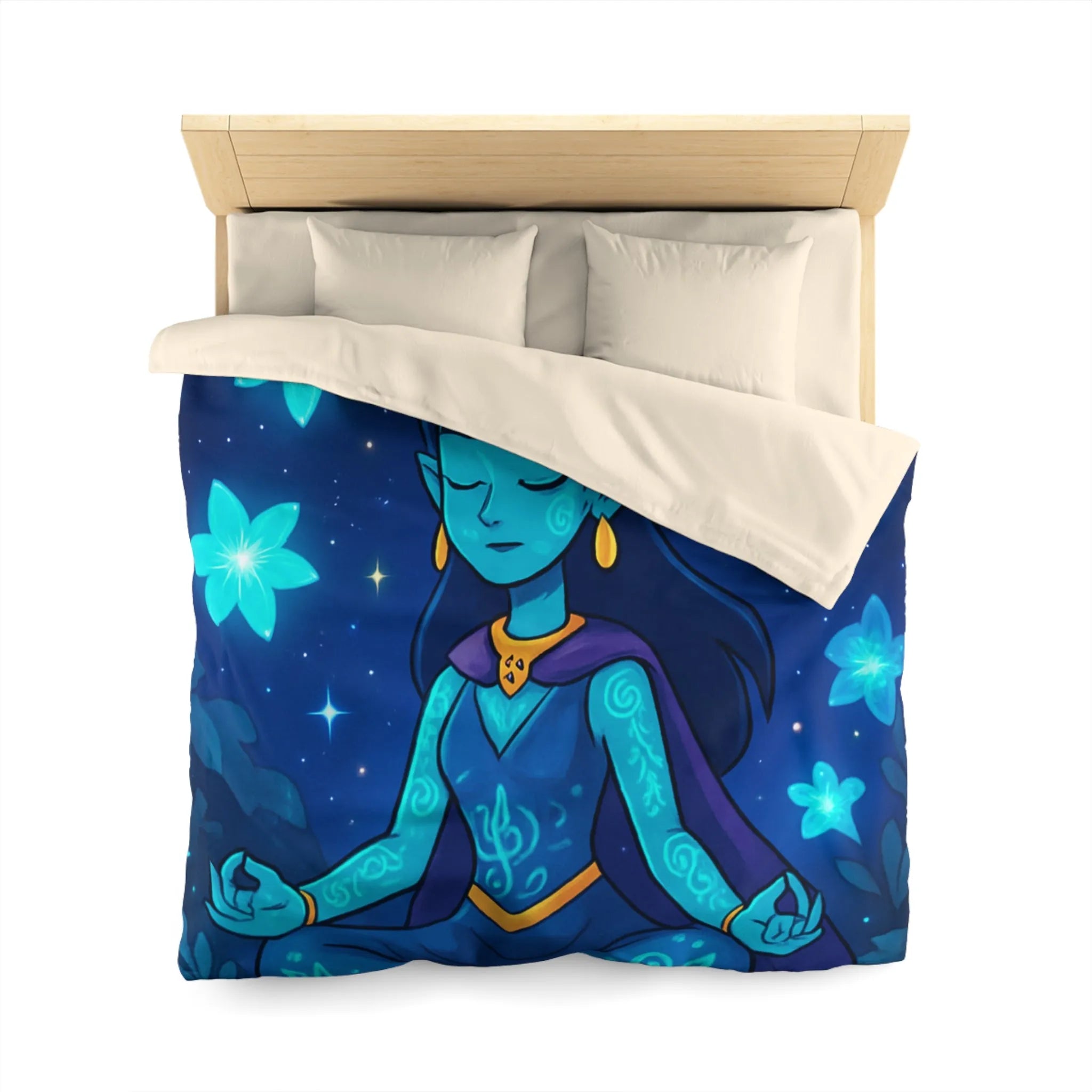 Housse de Couette Élégante avec Déesse Méditative et Étoiles, Ambiance Nocturne Mystique