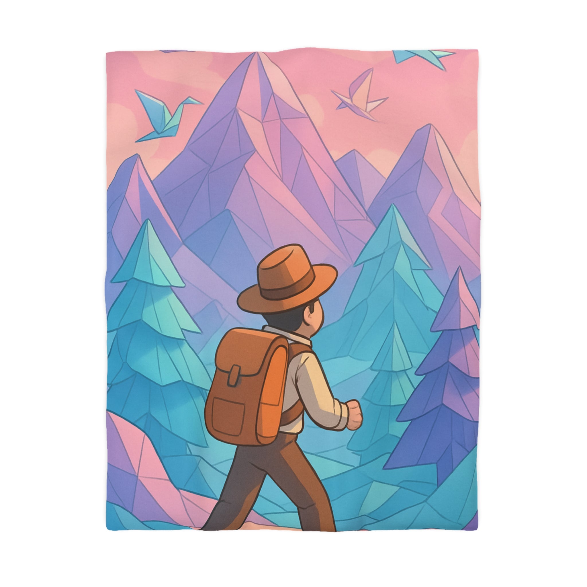 Housse de couette paysage montagnard pastel avec randonneur et oiseaux en origami