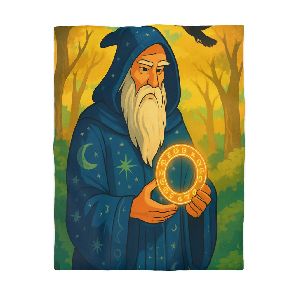 Housse de couette enchantée avec mage en forêt et cercle lumineux mystérieux