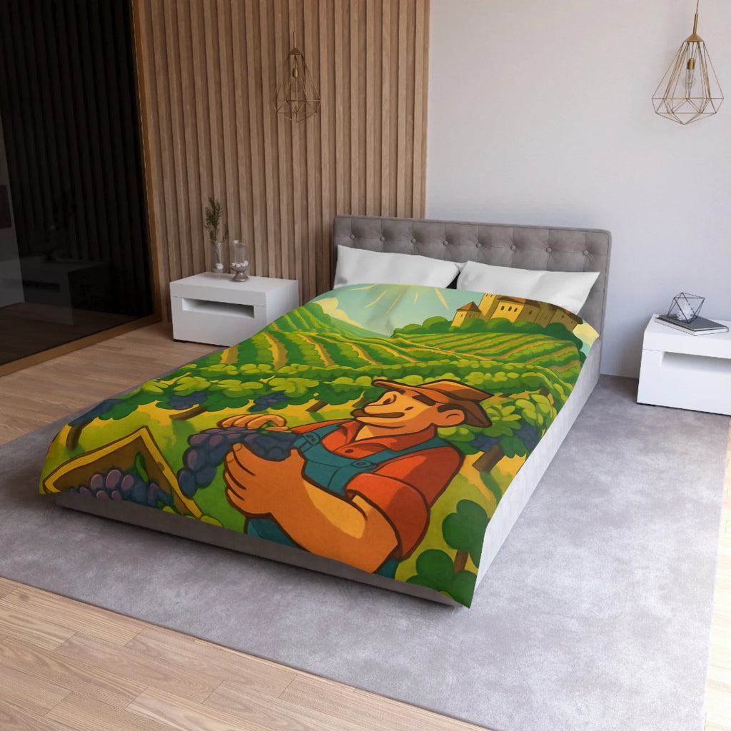 Housse de couette illustration de vendangeur dans un vignoble éclairé par soleil radieux