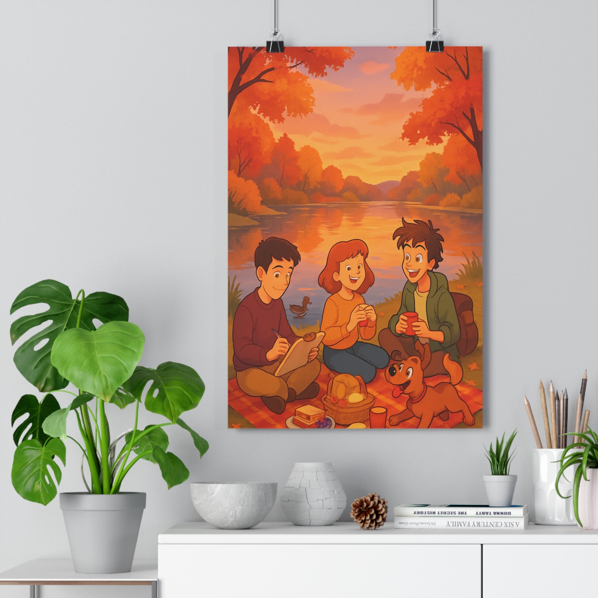 Poster décoratif automne lac nature orange rouge moderne joyeux chambre salon bureau chien ambiance