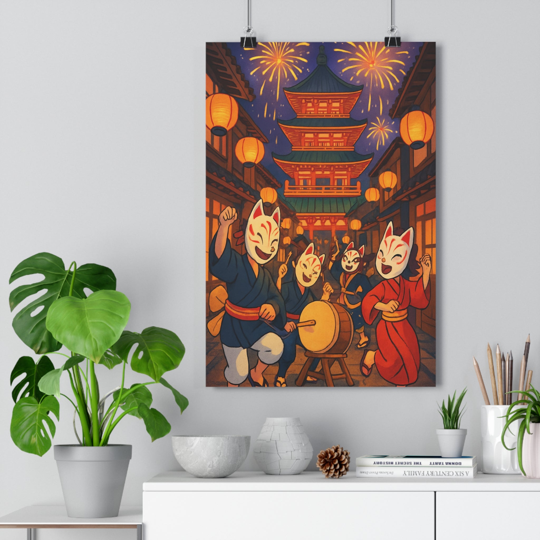 Poster décoratif festival japonais coloré joyeux salon chambre masques kimonos lanternes temple feu artifice