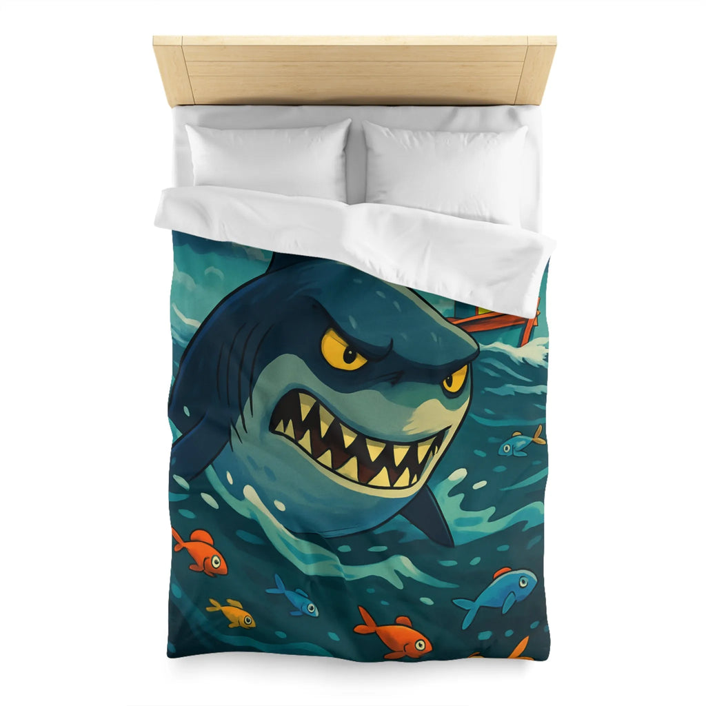 Housse de couette avec requin cartoon effrayant et poissons colorés en mer orageuse