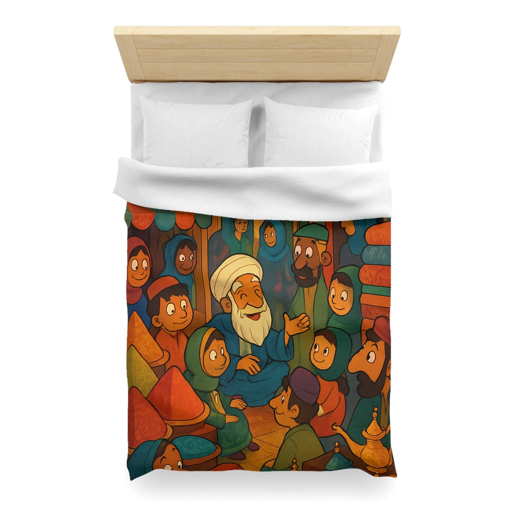 Housse de Couette Colorée Illustrant un Marché Animé avec Scène de Conteurs Traditionnels