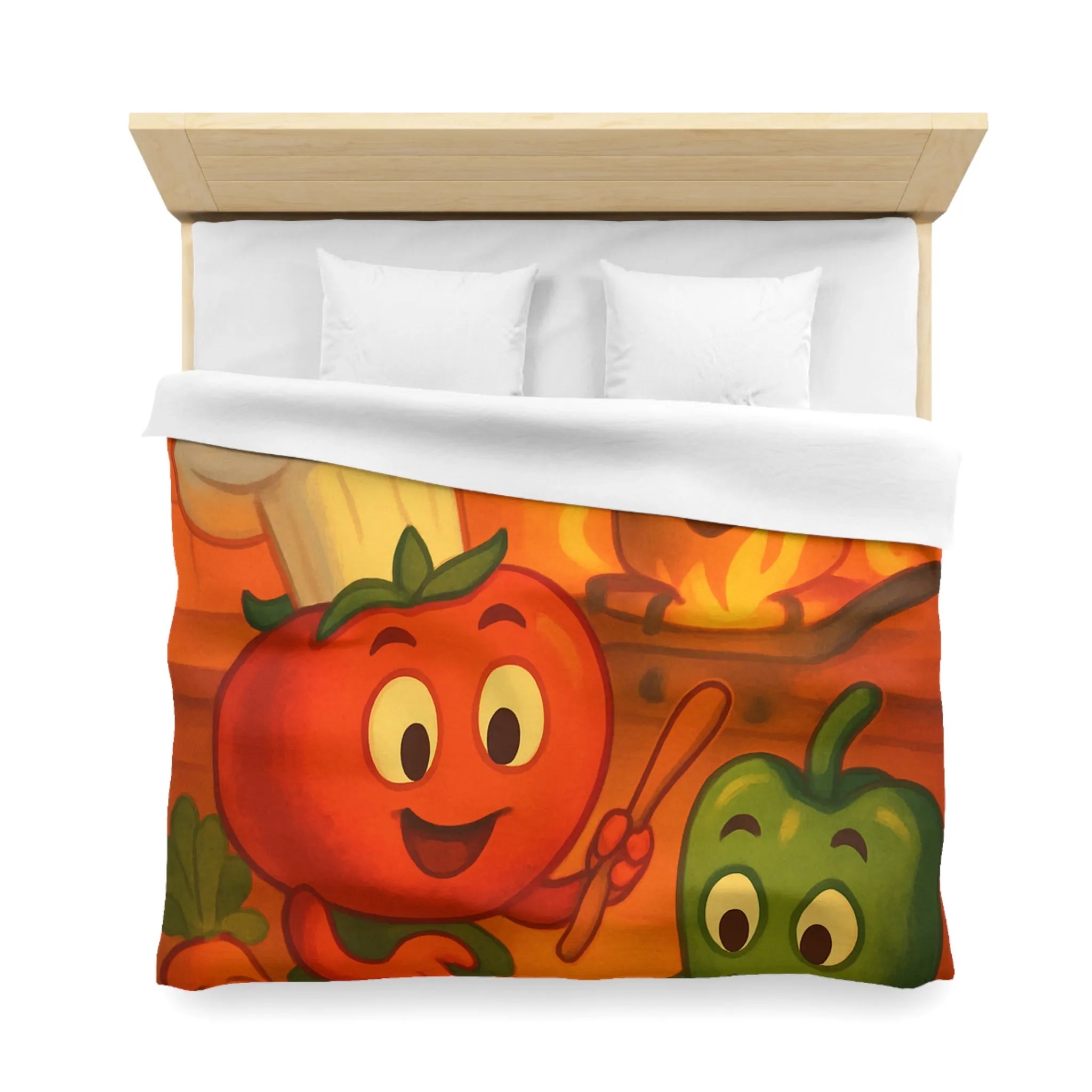 Housse de couette illustrée avec légumes adorables jouant dans une cuisine animée orangée