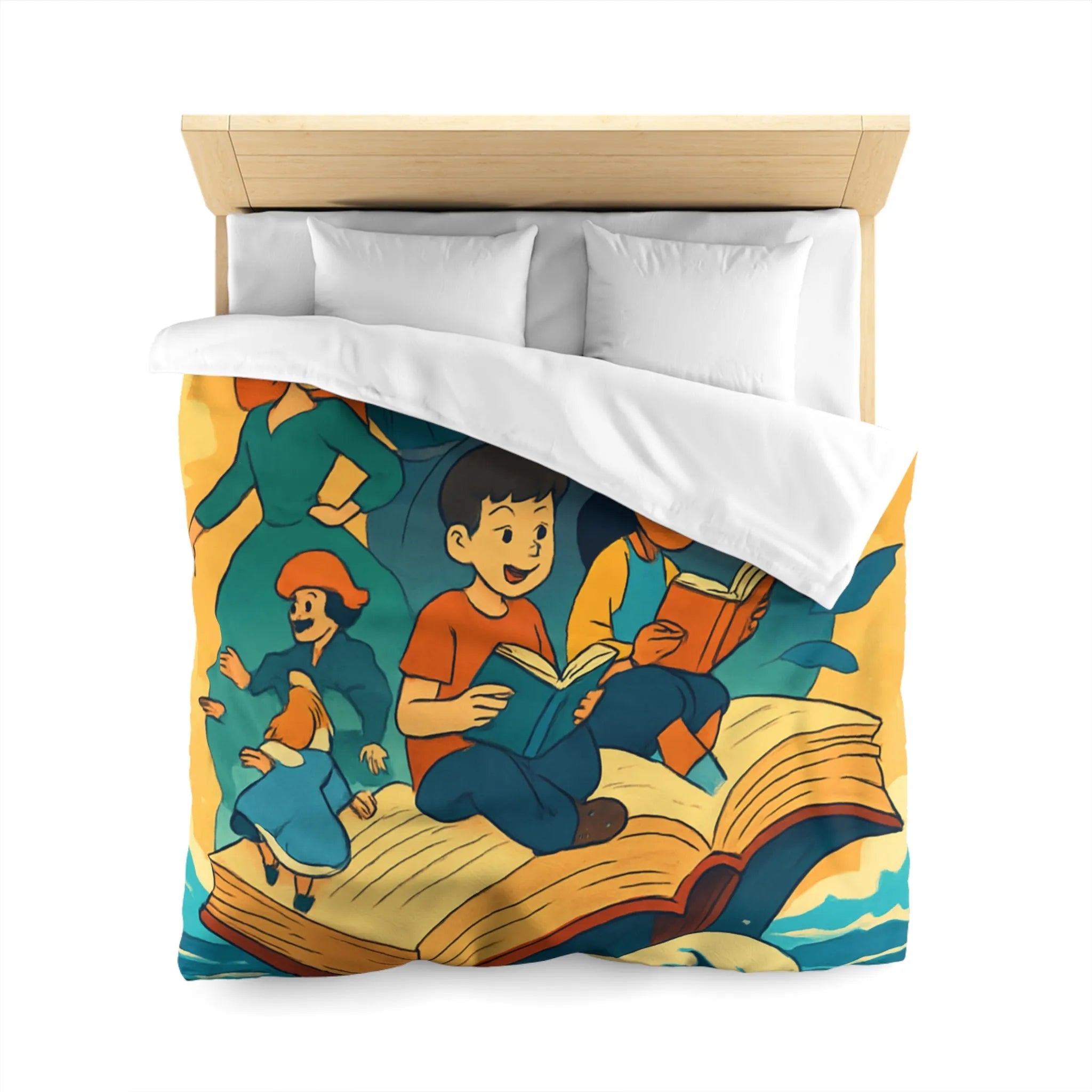 Housse de couette enfant rêve fantastique avec livre, vagues et personnages imaginaires