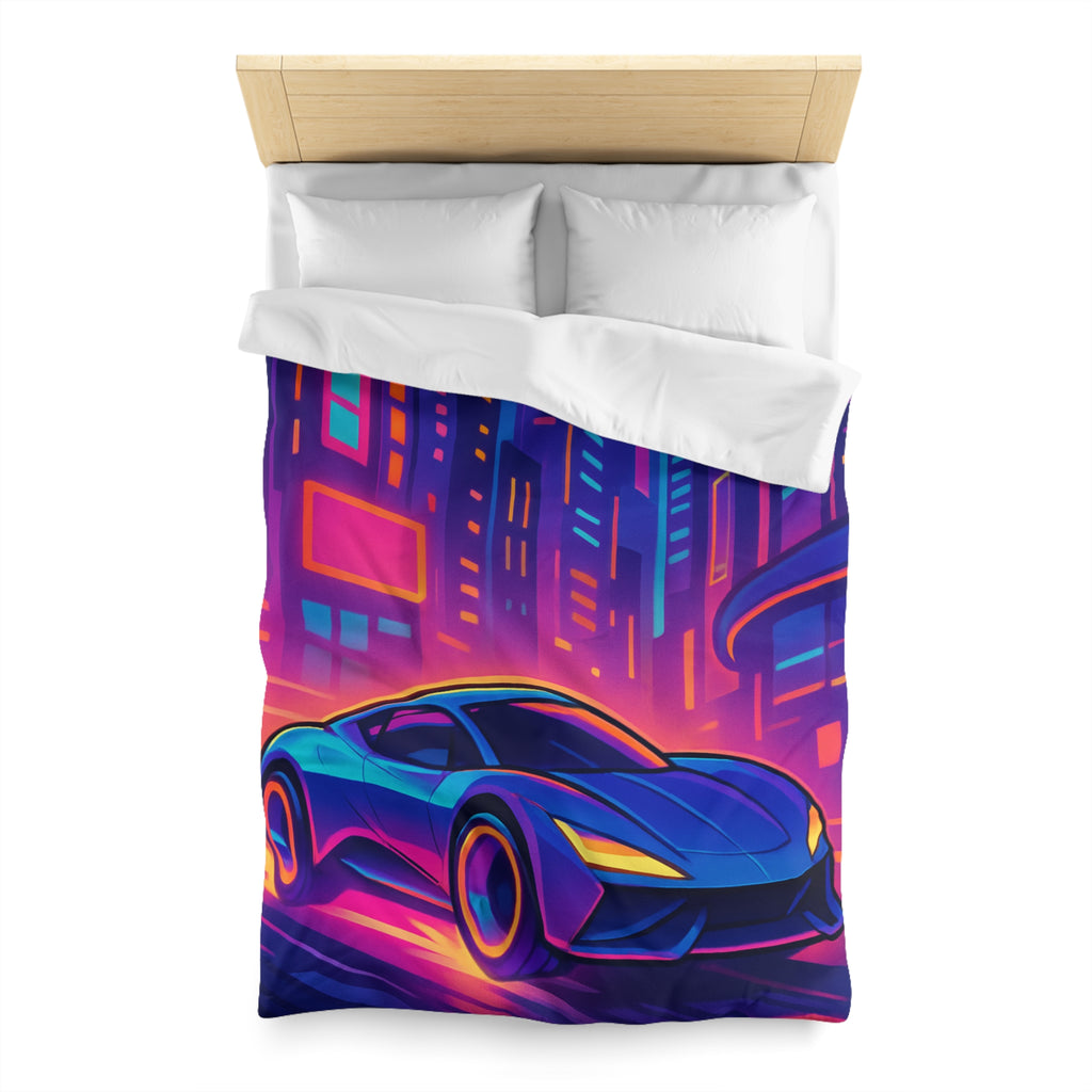 Housse de couette voiture néon sur fond de ville futuriste aux couleurs vibrantes