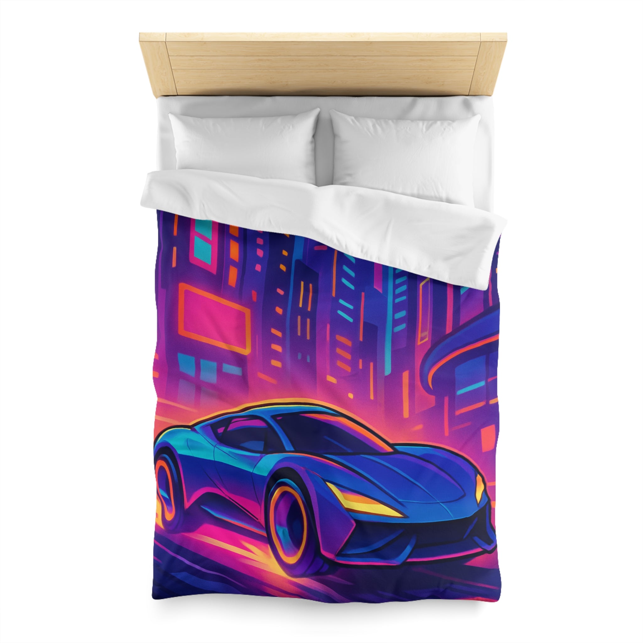 Housse de couette voiture néon sur fond de ville futuriste aux couleurs vibrantes