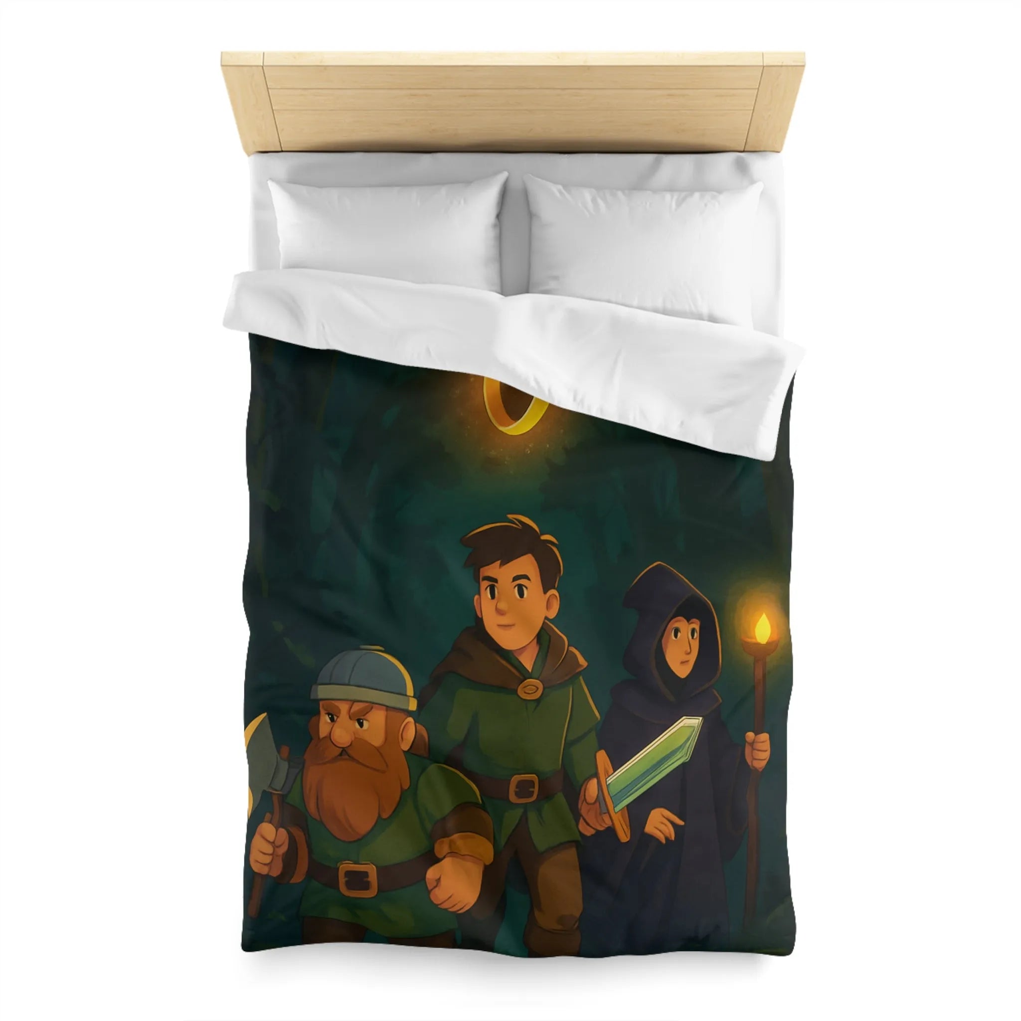 Housse de couette aventure épique forêt pour enfants avec personnages et anneau magique