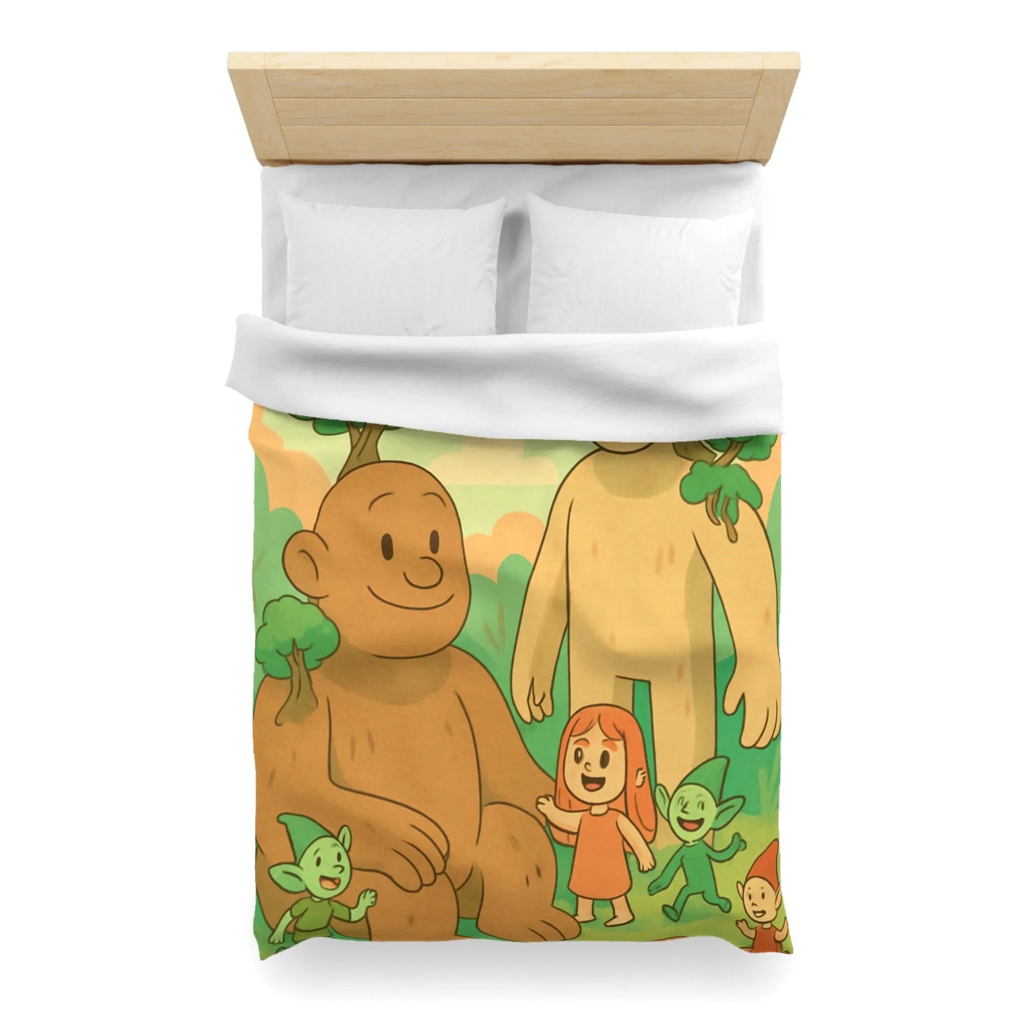 Housse de couette fantastique avec géants arborés et lutins dans une forêt enchantée