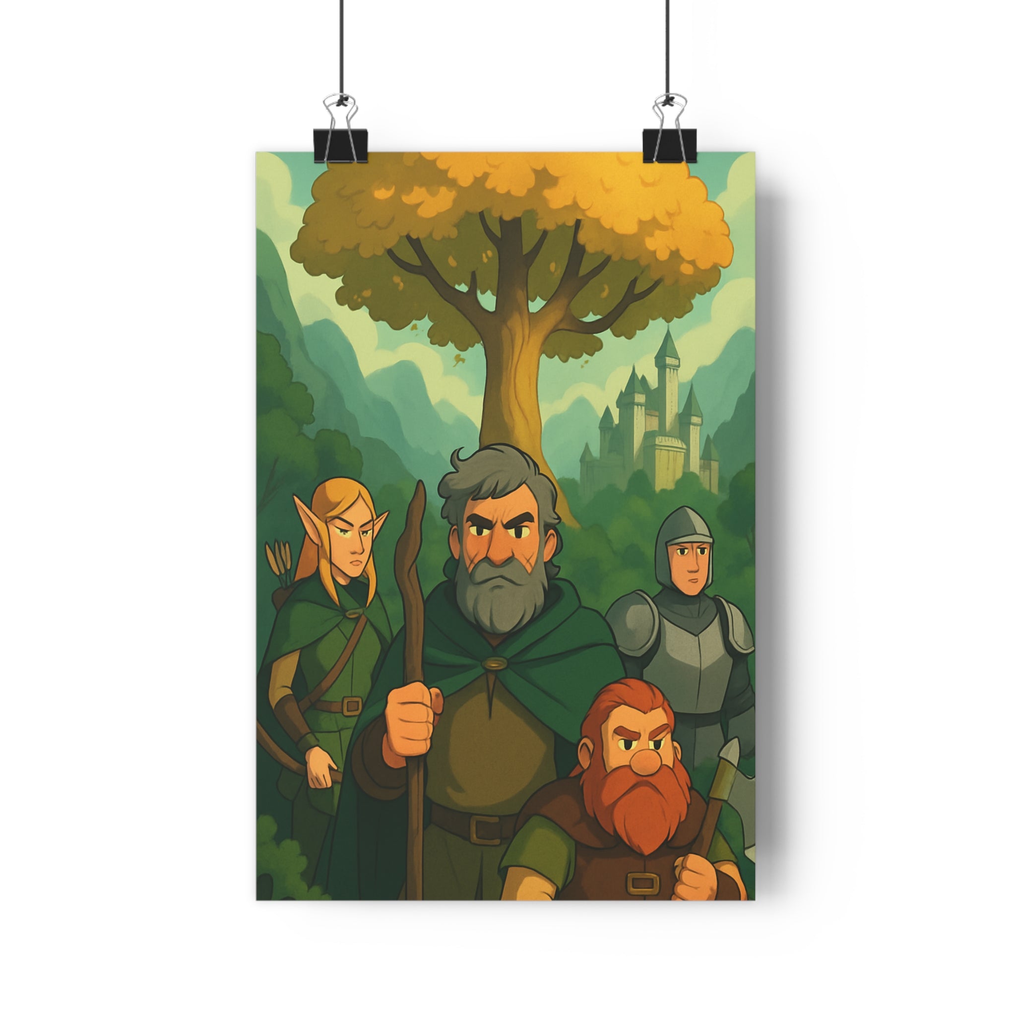 Poster décoratif aventure vert doré épique chambre fantasy dessin doux personnages arbre chevalier nain