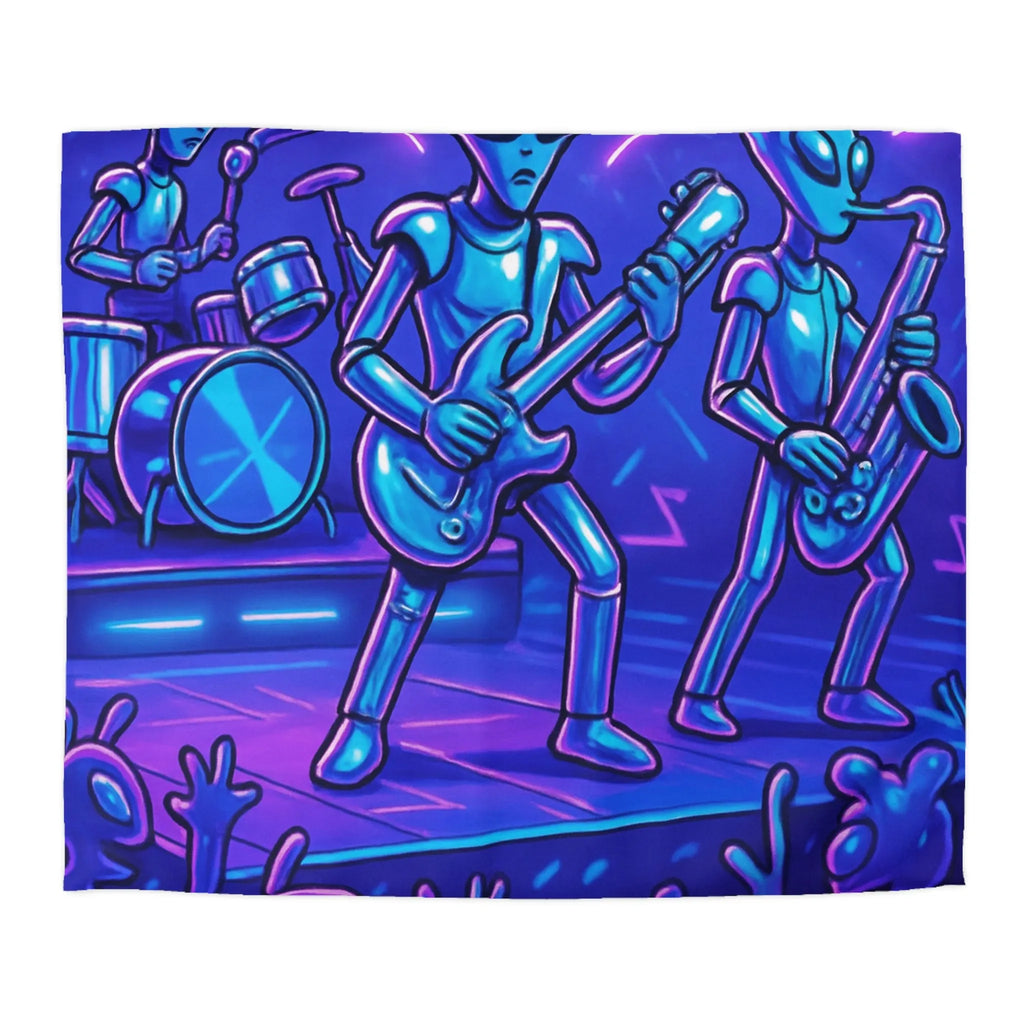 Housse de couette avec extraterrestres musiciens sous lumière néon sur scène futuriste