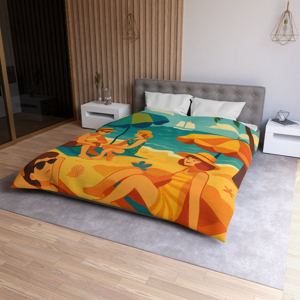 Housse de couette rétro plage colorée avec palmiers, parasols et amis au soleil