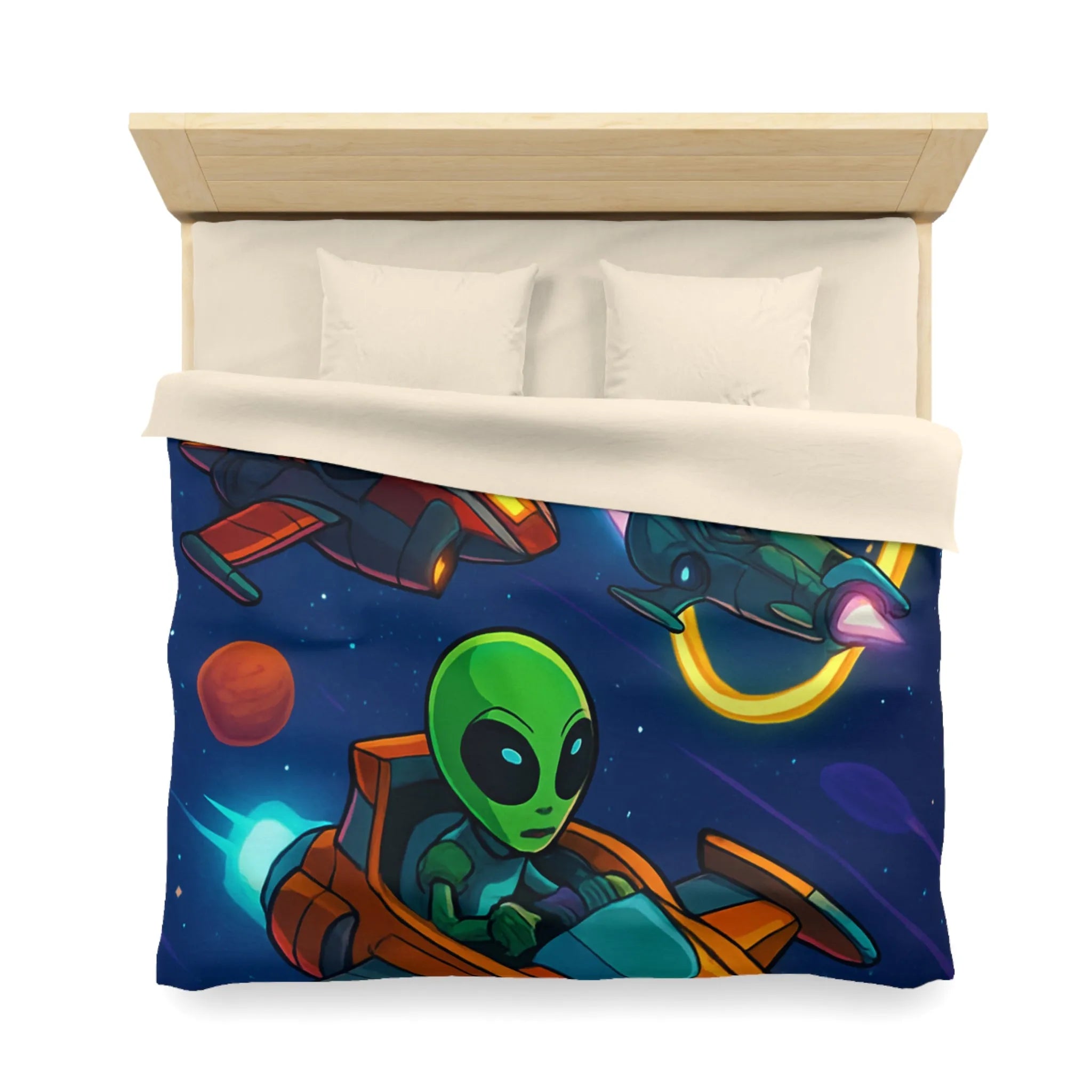 Housse de Couette avec Motifs d'Aliens en Course Spatiale et Anneaux Lumineux