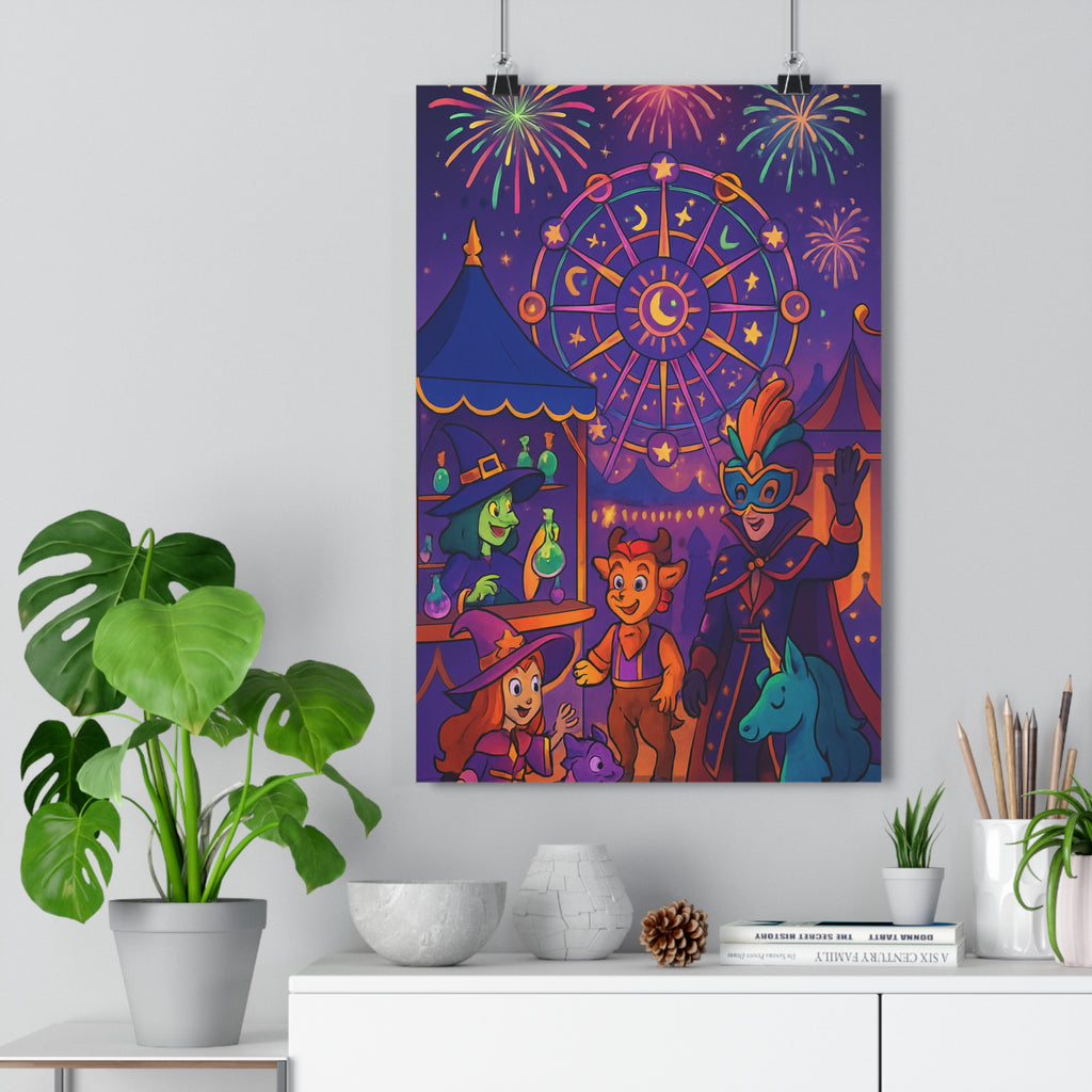 Poster décoratif carnaval enchanté couleurs vives dessin animé joyeux chambre enfant magique ambiance festive