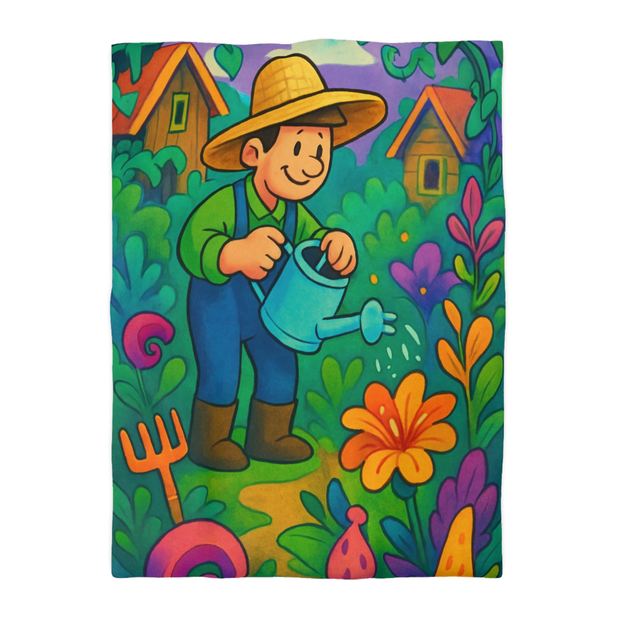 Housse de couette vibrant jardin dessin animé, thème jardinier, ambiance colorée et ludique