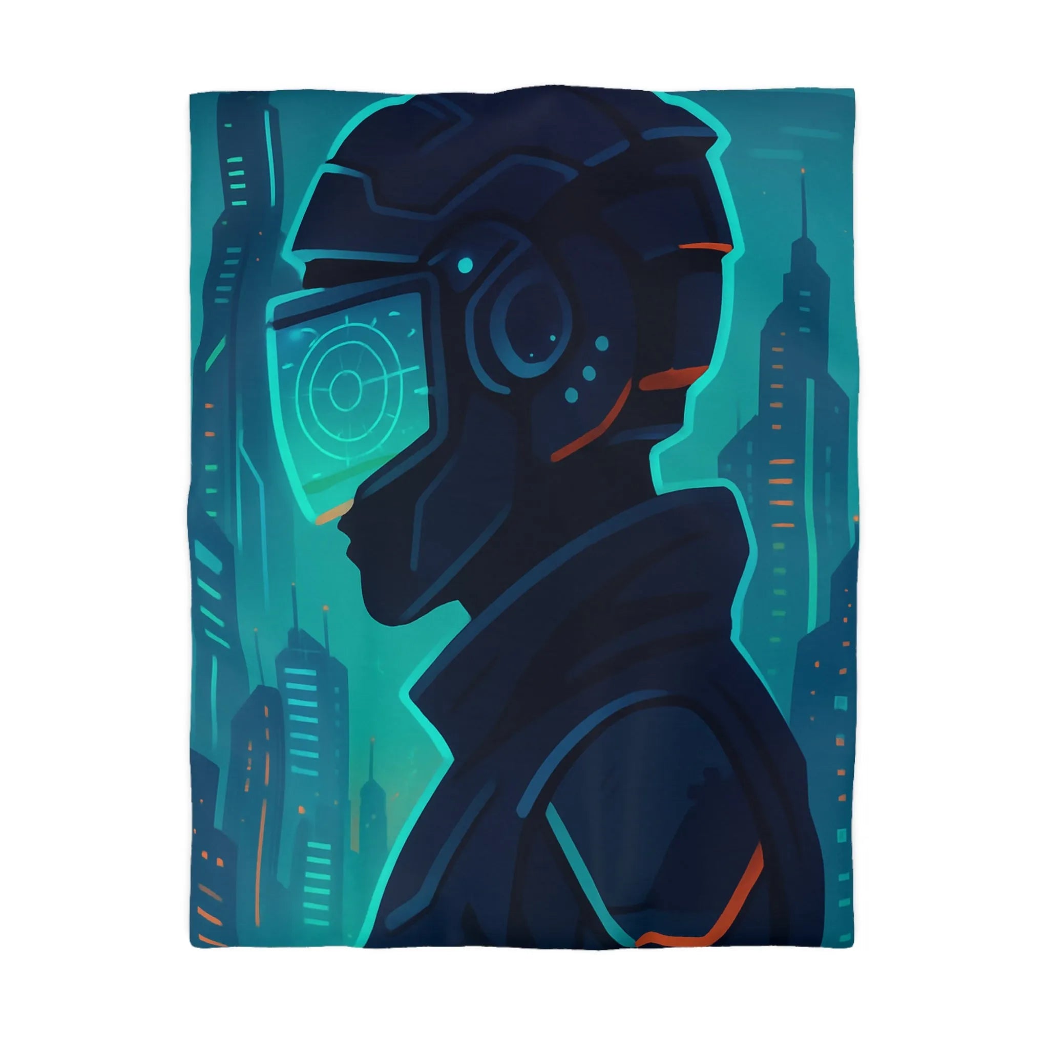 Housse de couette futuriste avec casque de réalité virtuelle et gratte-ciels lumineux