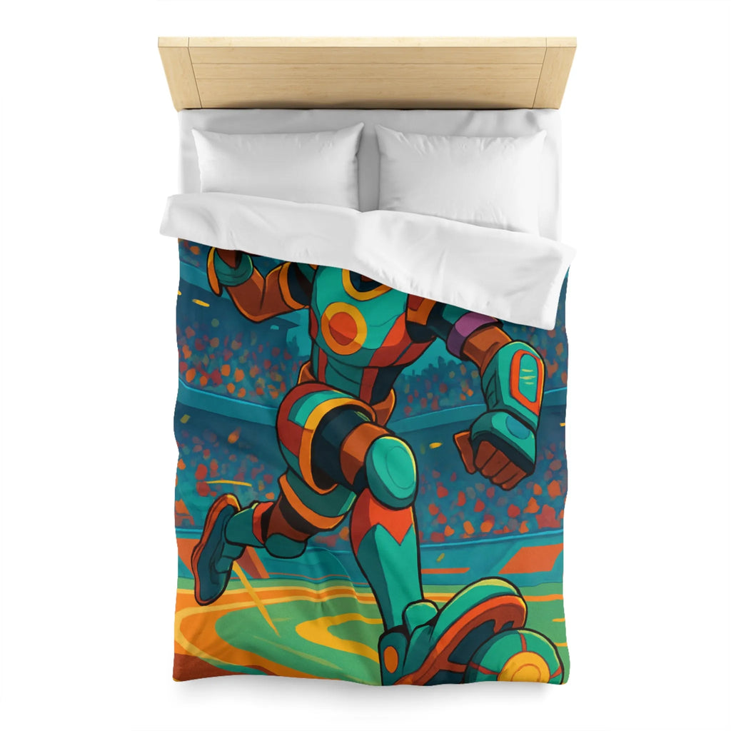 Housse de couette colorée avec joueur futuriste en action dans un stade dynamique