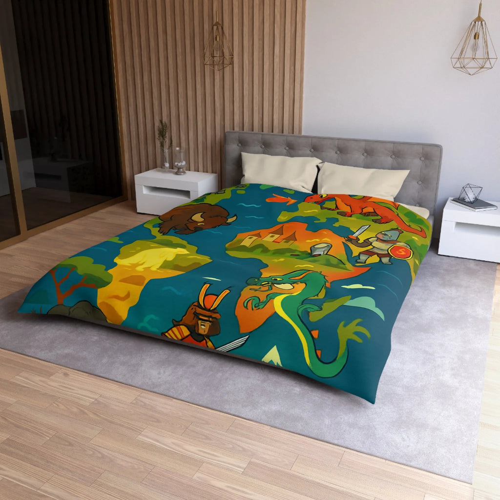 Housse de couette épique avec dragons, samouraïs et créatures légendaires au style coloré.