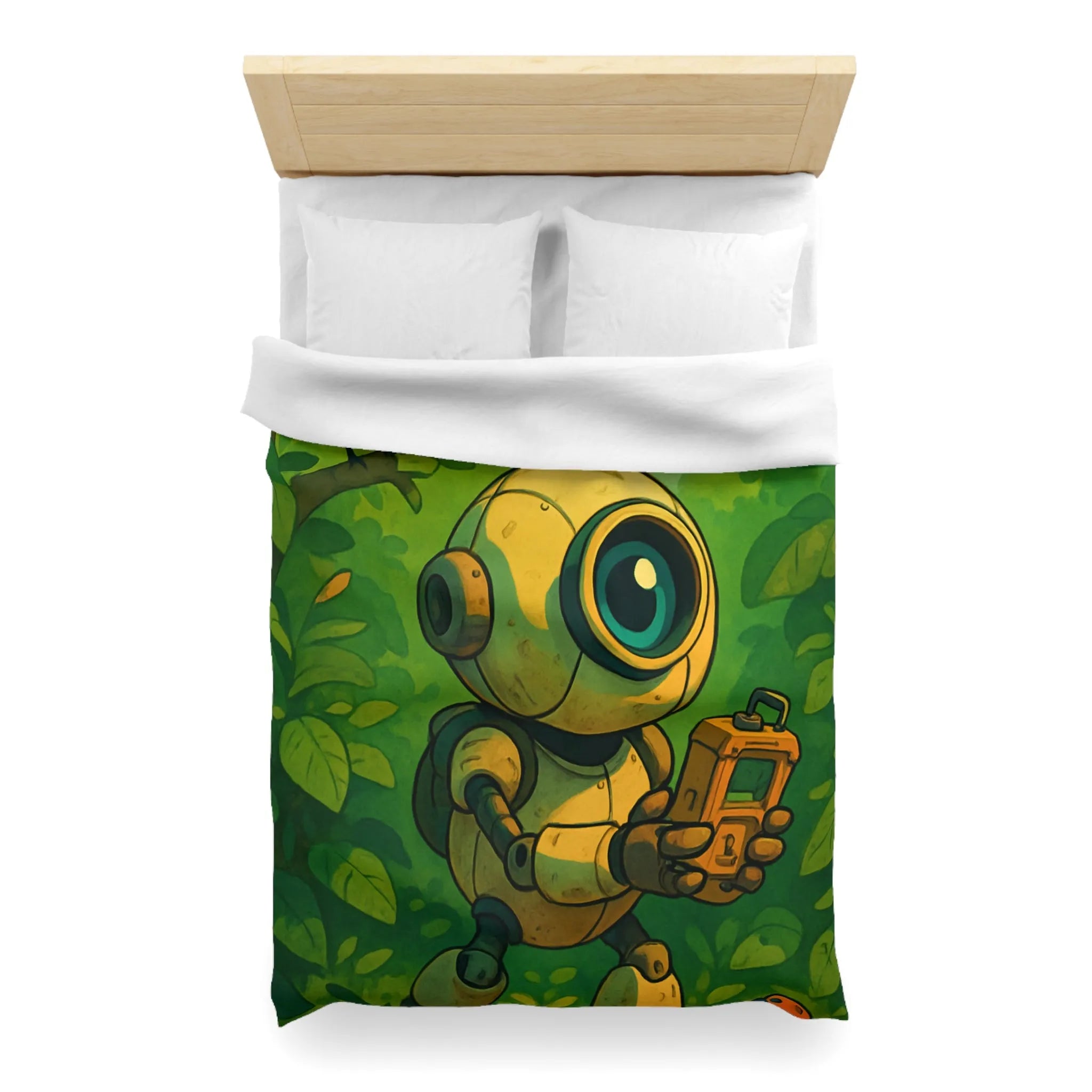 Housse de couette ludique avec robot curieux dans une forêt verdoyante et magique