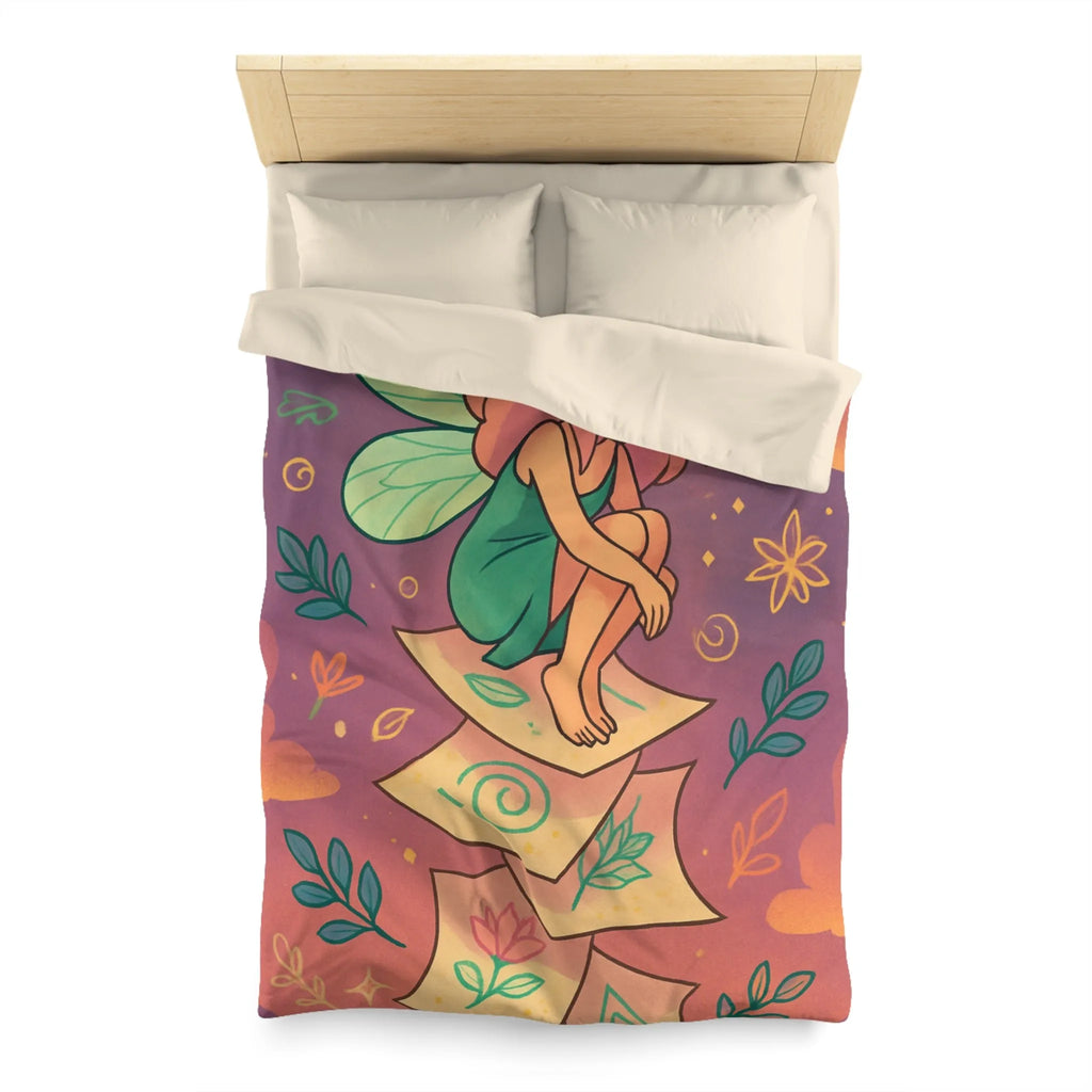 Housse de couette féerique avec fée aux ailes vertes et motifs floraux enchanteurs