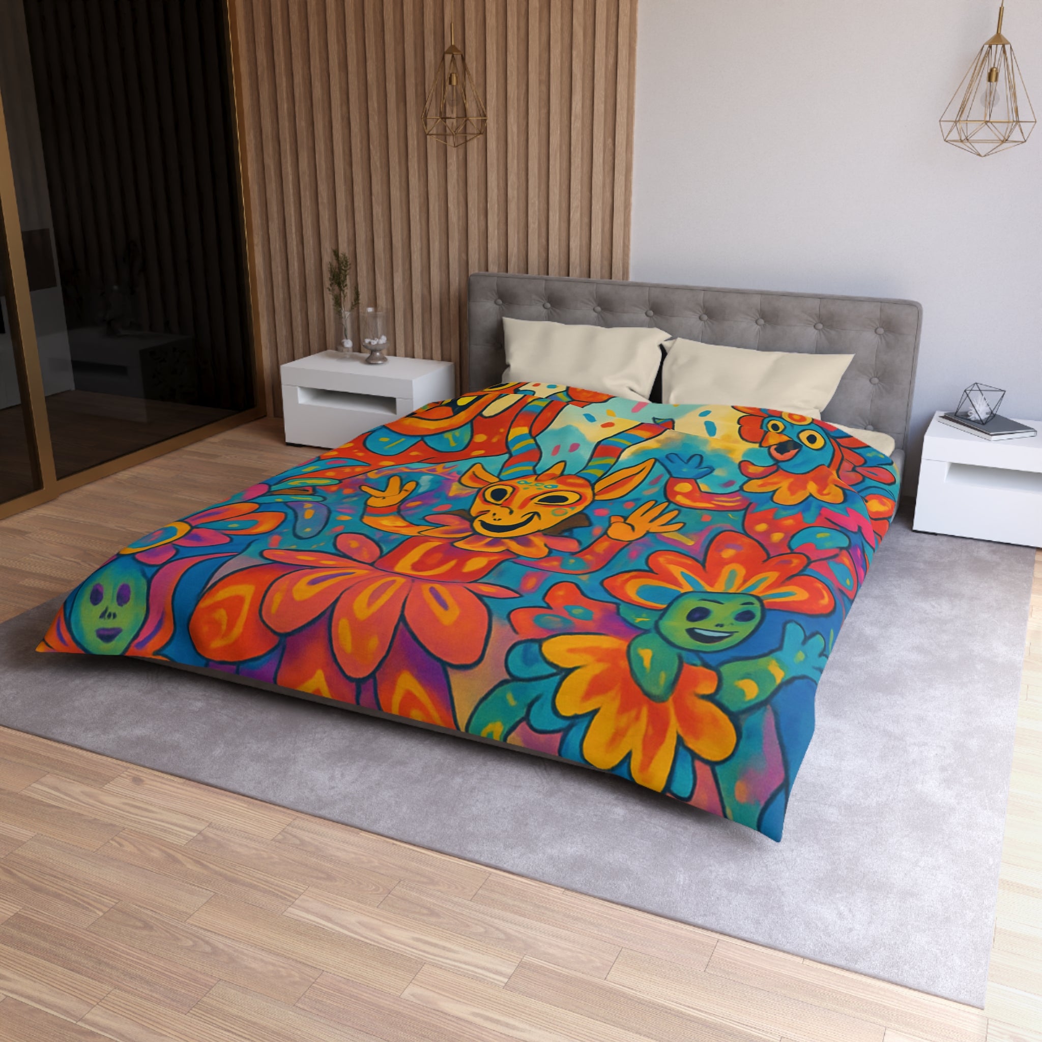 Housse de Couette Multicolore avec Motifs de Carnaval et Masques Fantaisistes Féeriques
