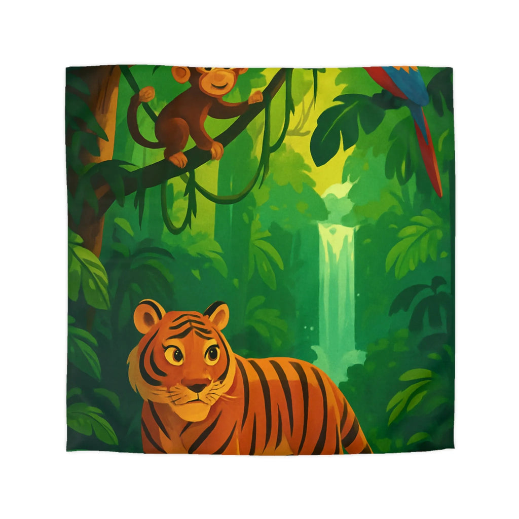 Housse de couette jungle avec tigre, singe et perroquet, cascade en arrière-plan
