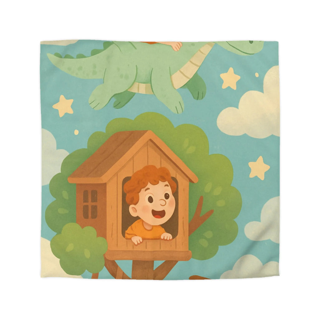 Housse de Couette Enfant Colorée avec Dragon, Maisonnette Arbre et Étoiles Féeriques