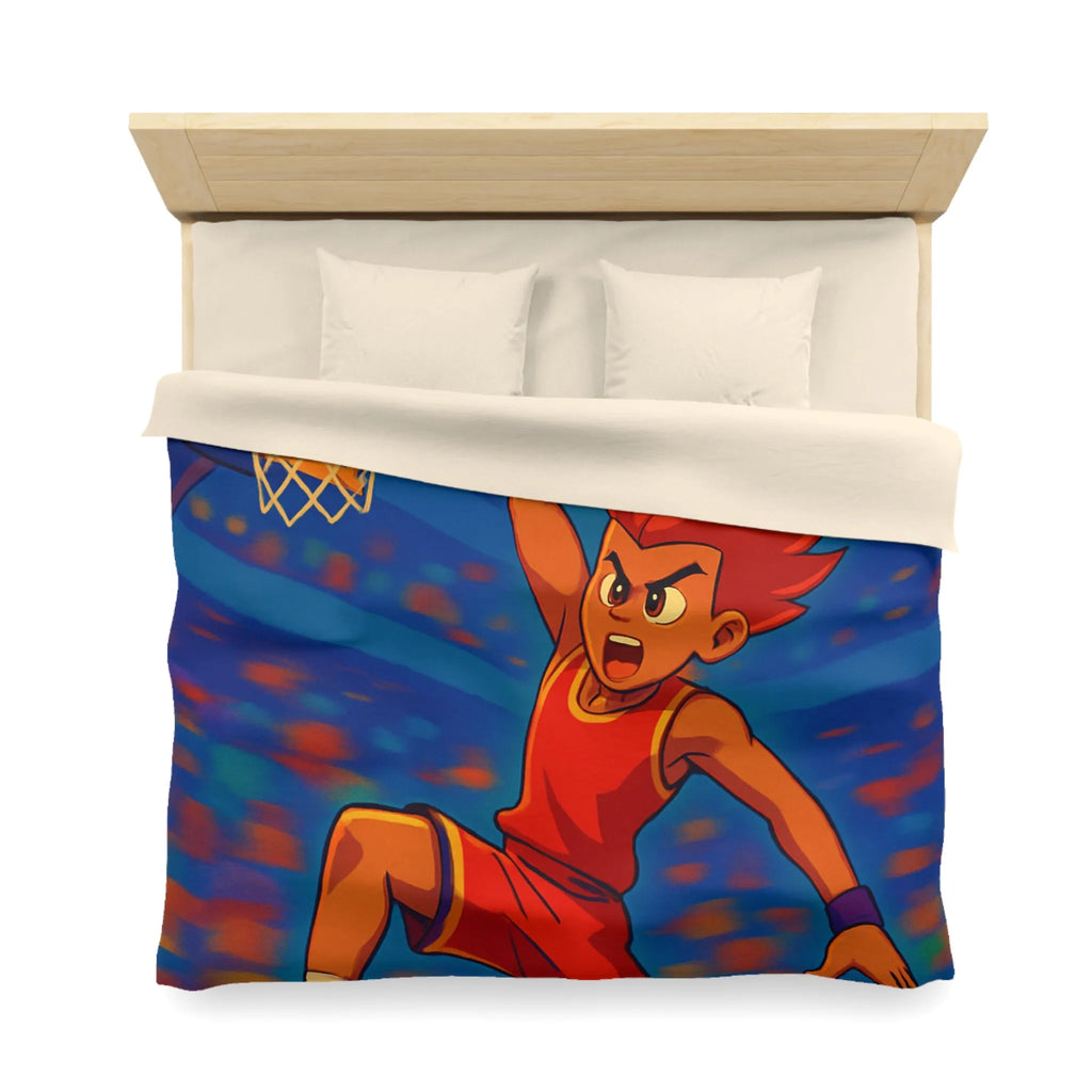 Housse de couette garçon avec joueur de basketball enflammé dans un style animé vibrant