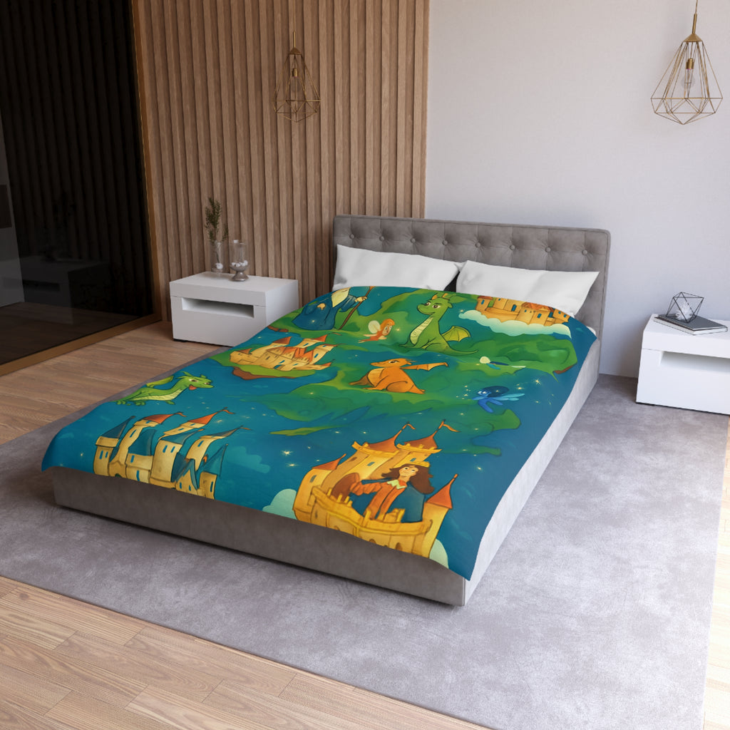 Housse de couette thématique féerique avec dragons, châteaux et un sorcier rêveur