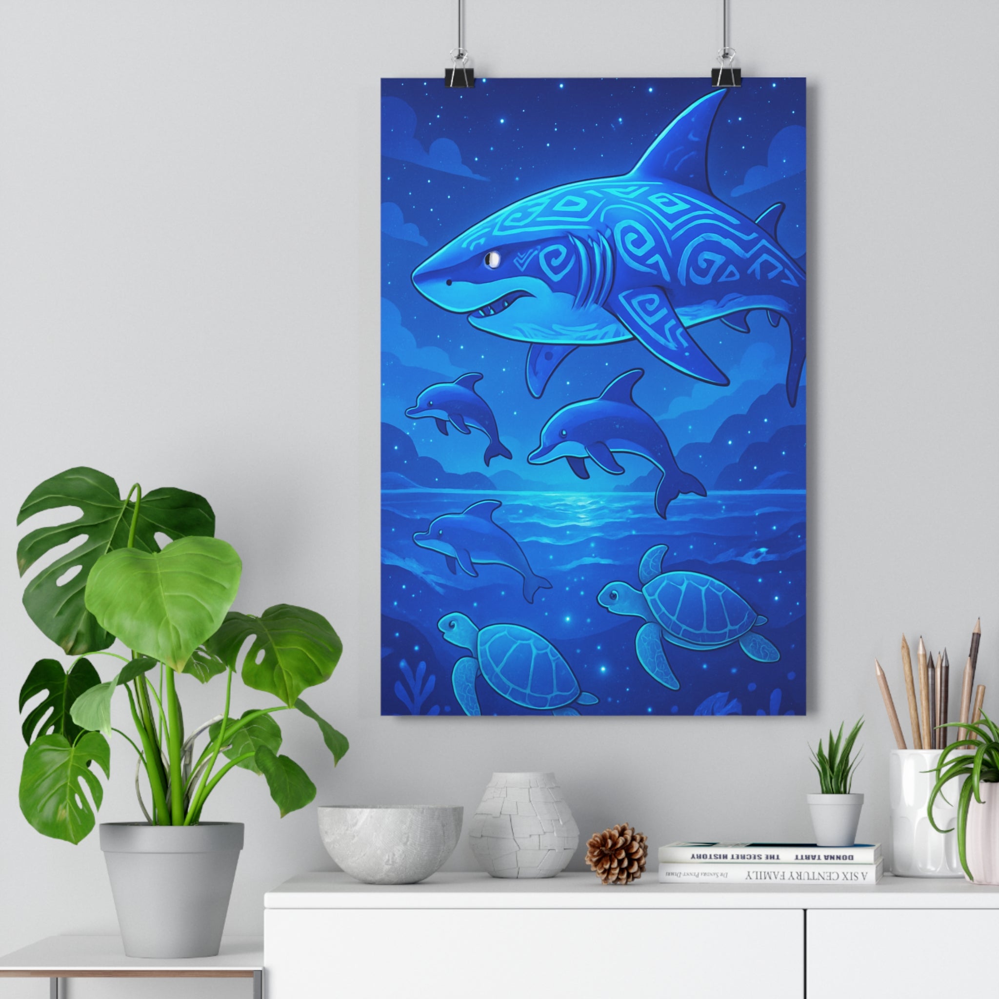 Poster décoratif mystique bleu océan tribaux moderne salon chambre requin tortue dauphins enchantement rêve