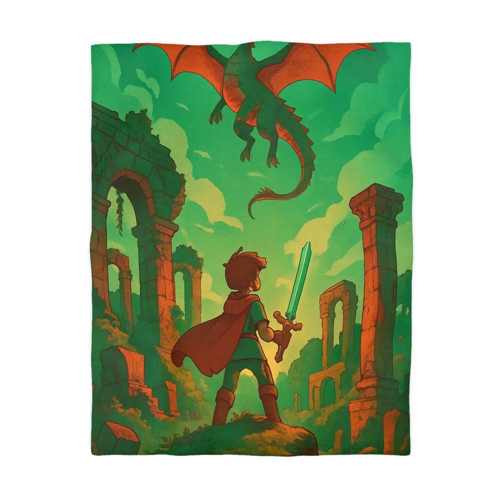 Housse de couette avec chevalier brave et dragon volant dans ruines anciennes