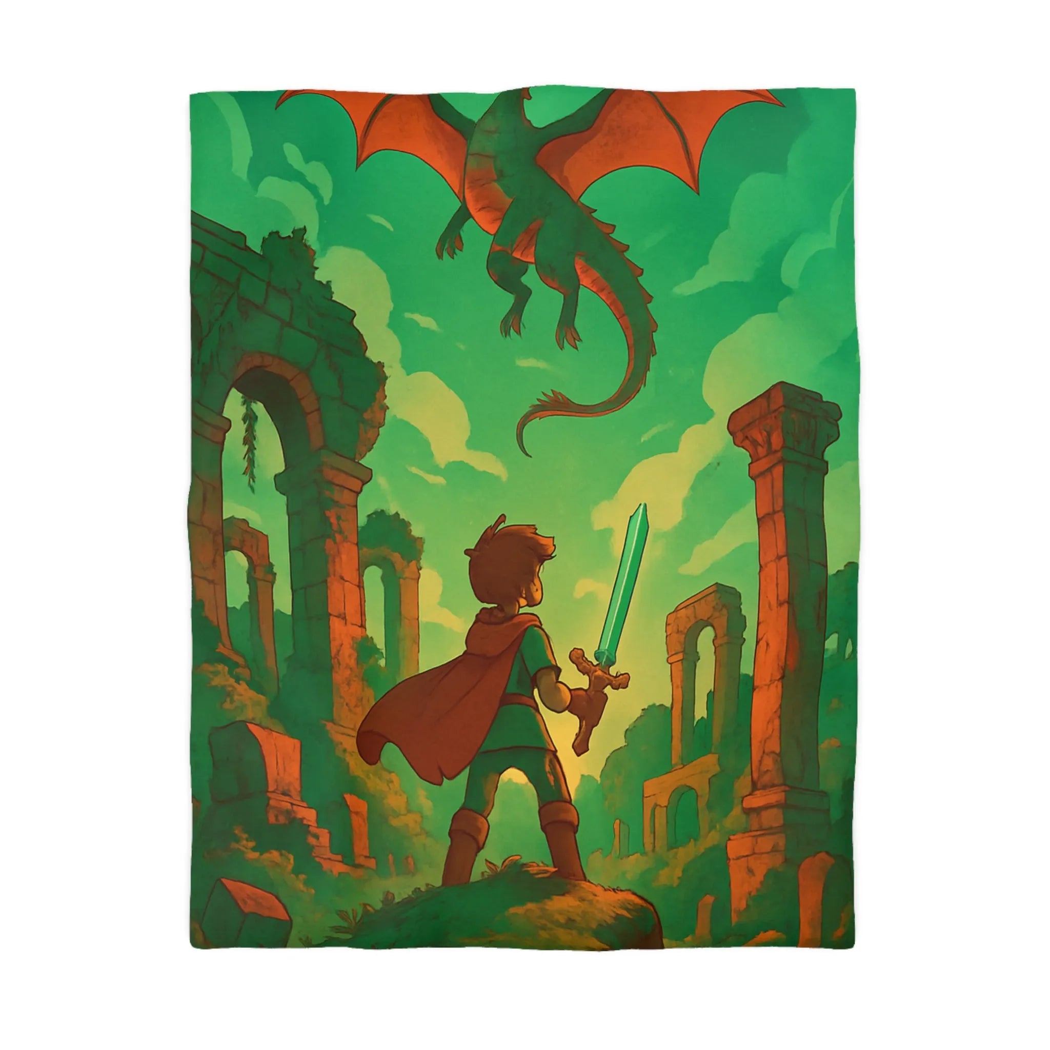 Housse de couette avec chevalier brave et dragon volant dans ruines anciennes