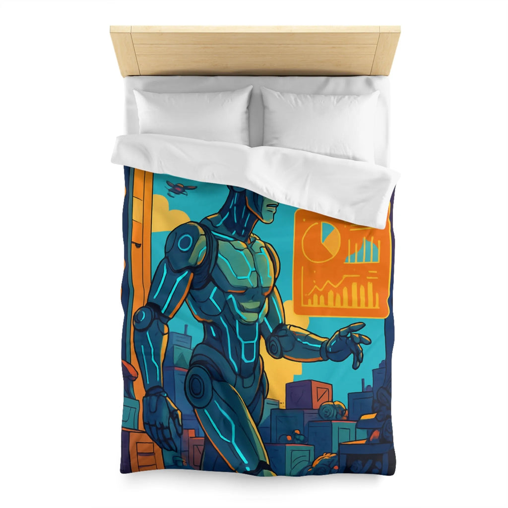 Housse de couette futuriste avec robot et drones, couleurs vives et graphiques modernes