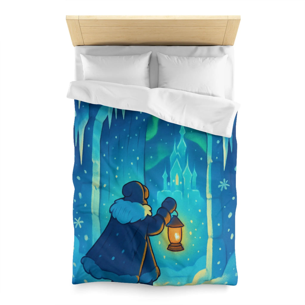 Housse de couette hivernale avec scène lumineuse de paysage enneigé et féérique