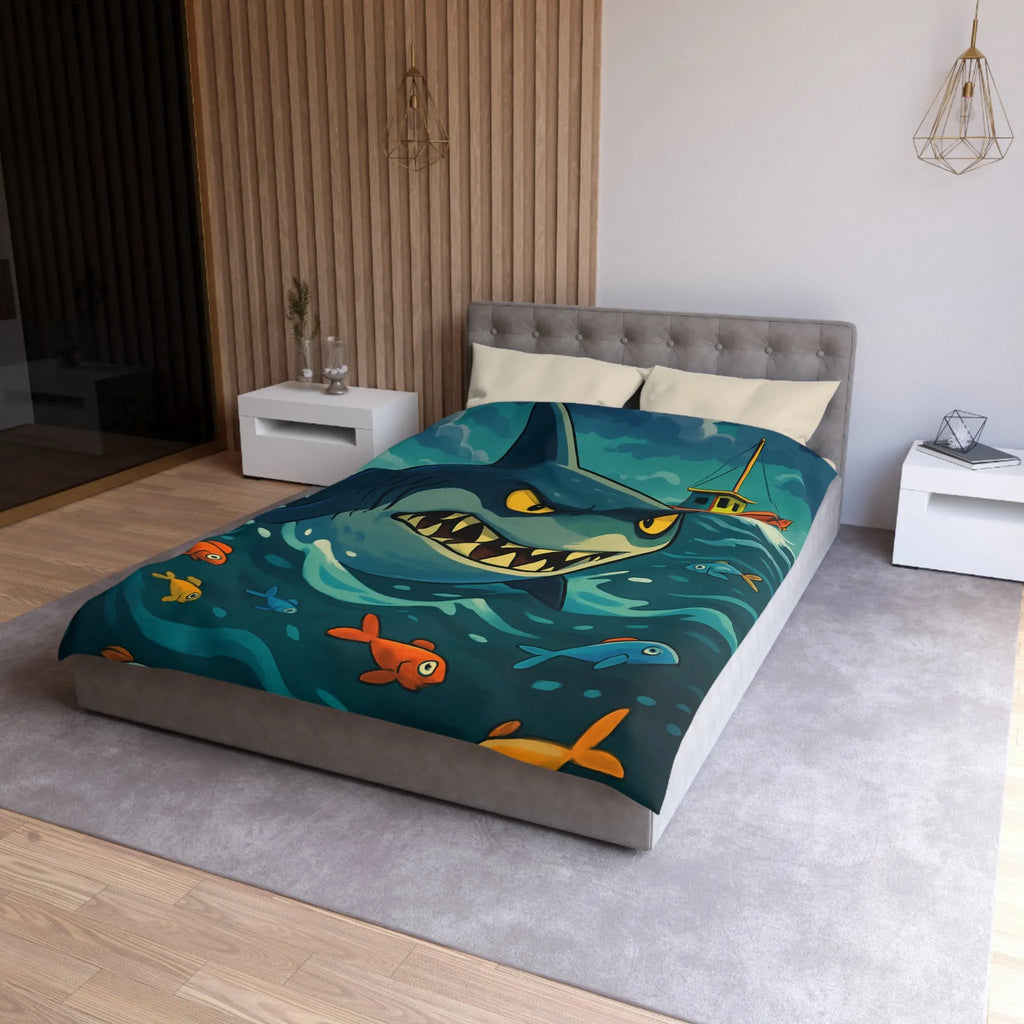 Housse de couette avec requin cartoon effrayant et poissons colorés en mer orageuse