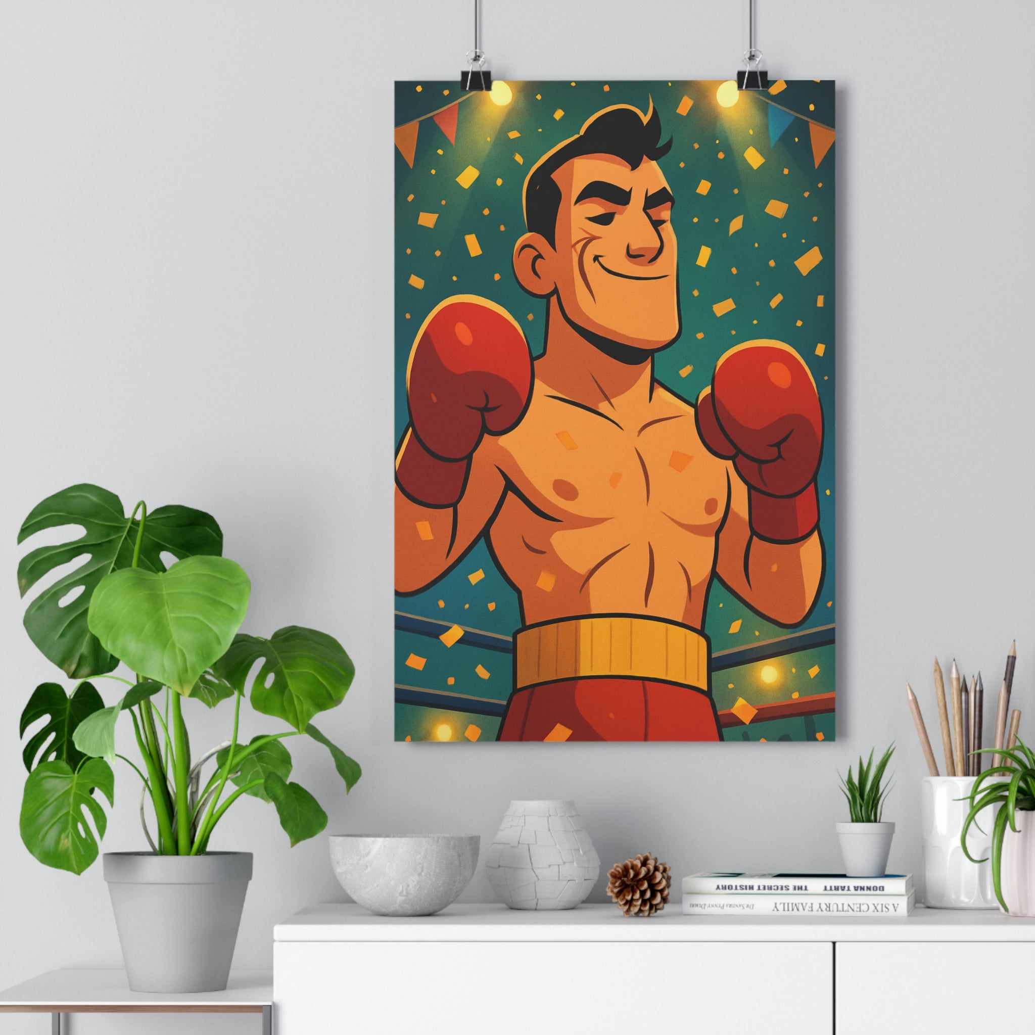 Poster décoratif animé rouge jaune boxeur dynamique sportif salle sport énergie festive musclé ambiance