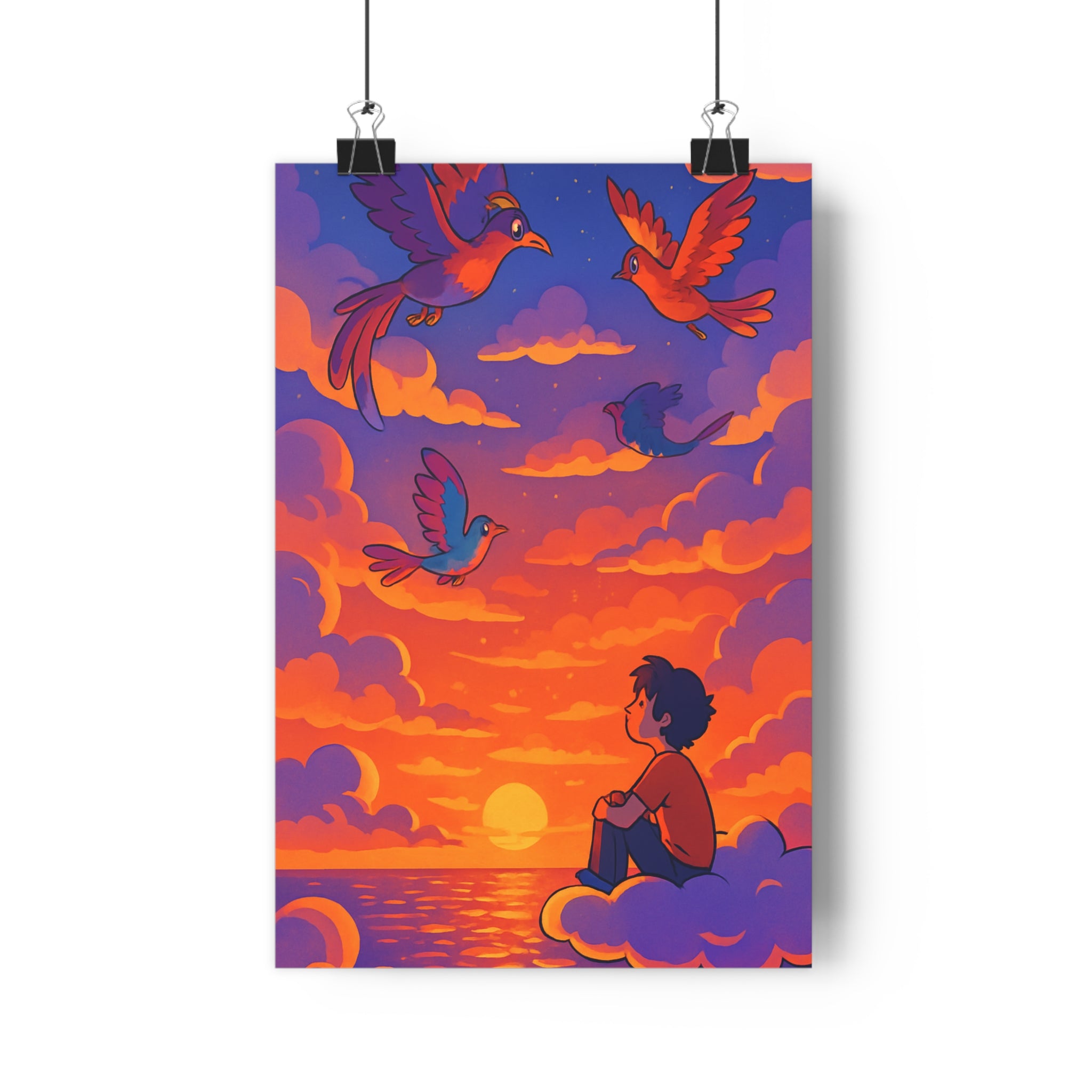 Poster décoratif anime poétique coucher soleil pastel rose orange violet ciel rêveur chambre qualité