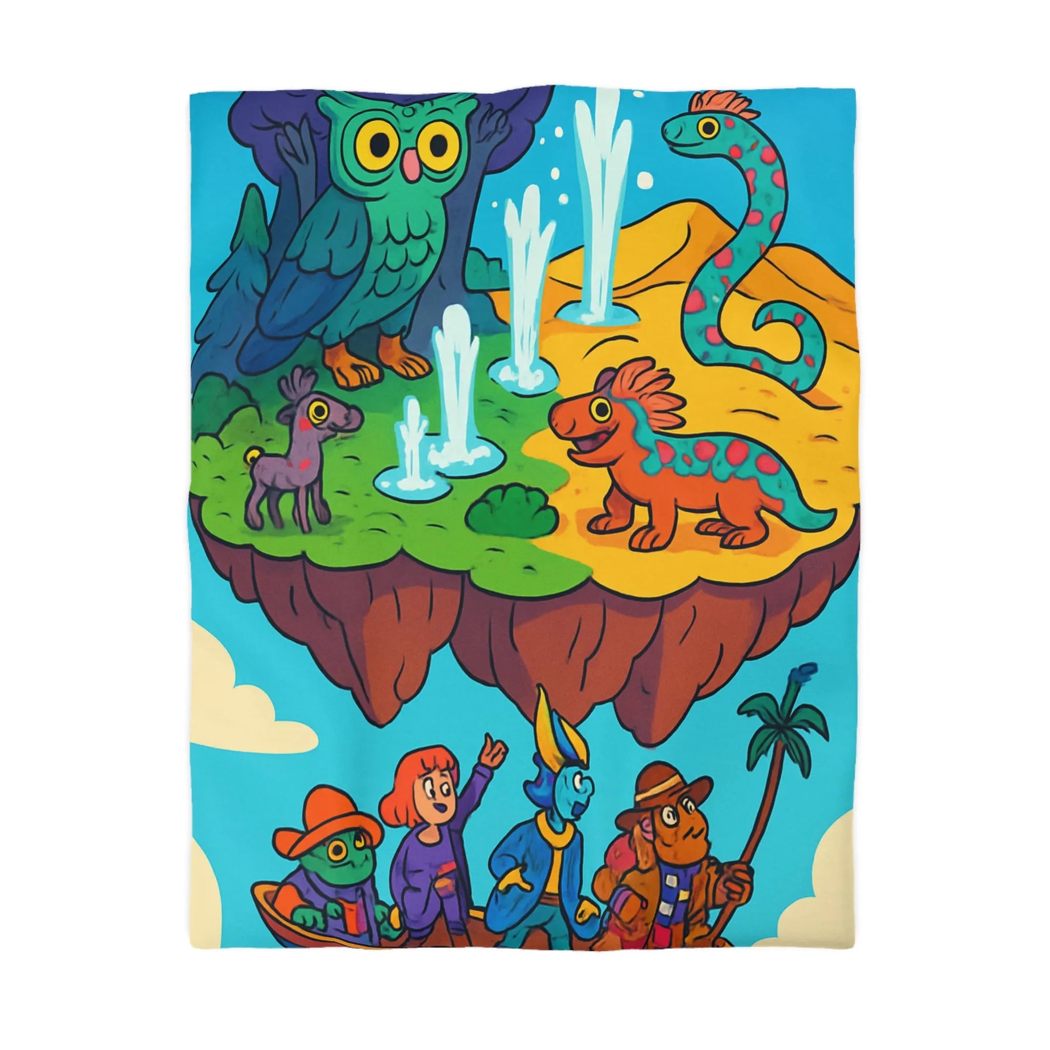 Housse de couette fantaisie avec animaux colorés sur une île flottante magique