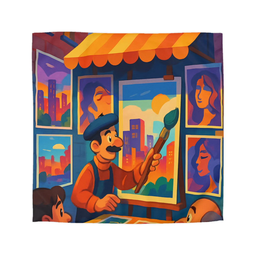 Housse de couette artistique avec scènes de rue vibrantes et peintures colorées